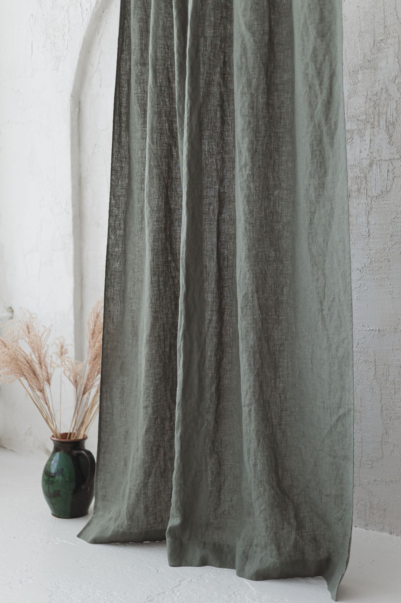 Tie top gray green linen curtain