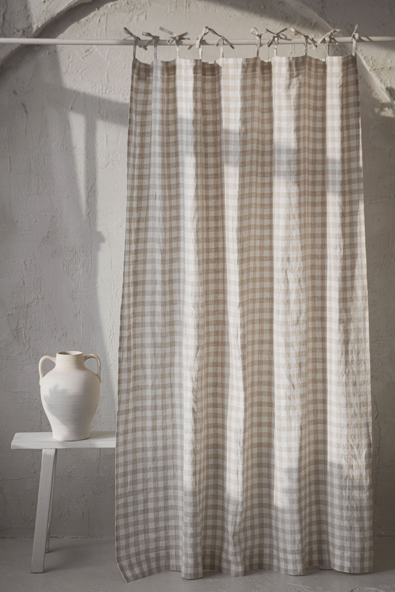 Tie top checkered linen curtain