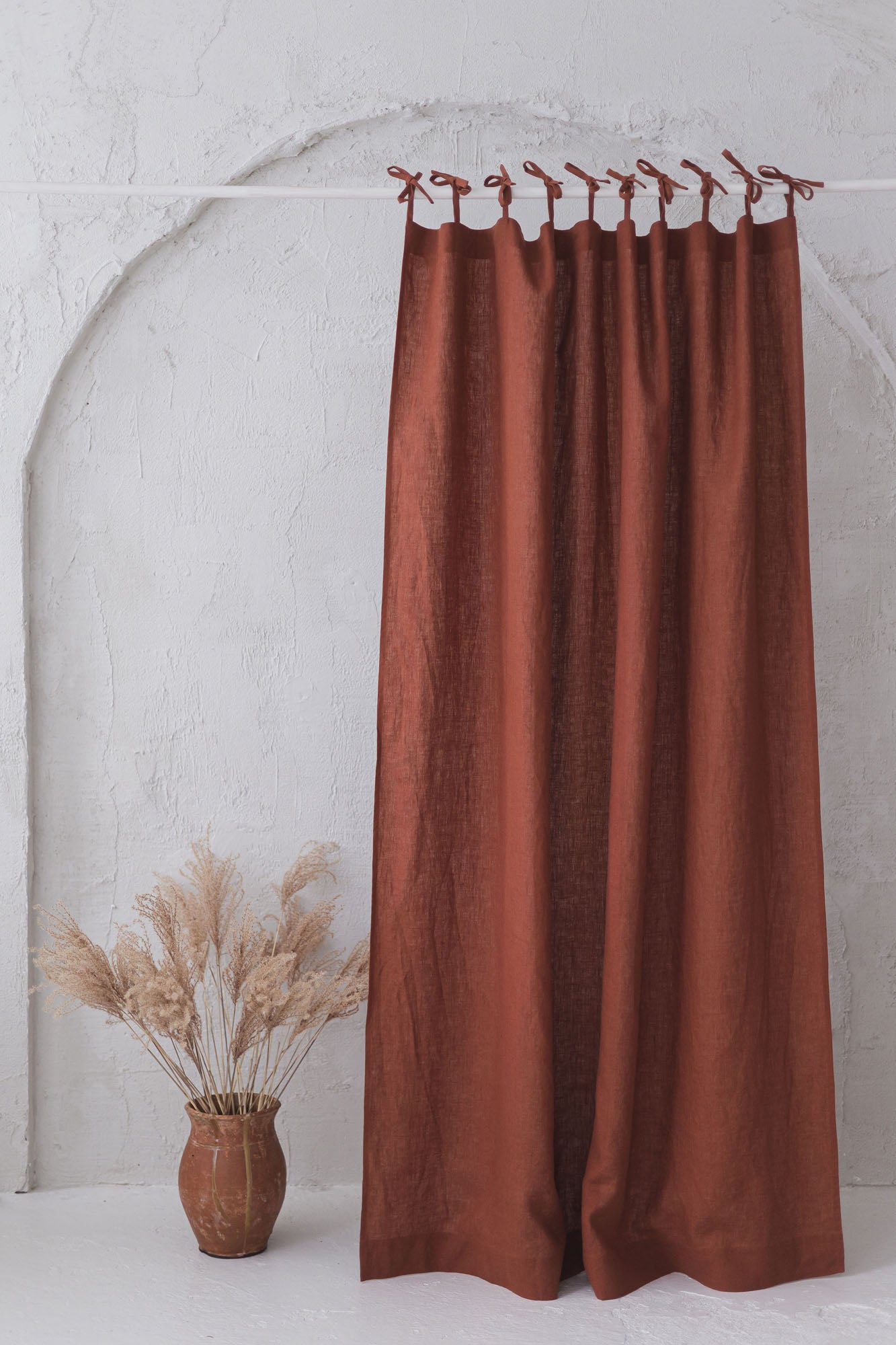 Tie top burnt orange linen curtain