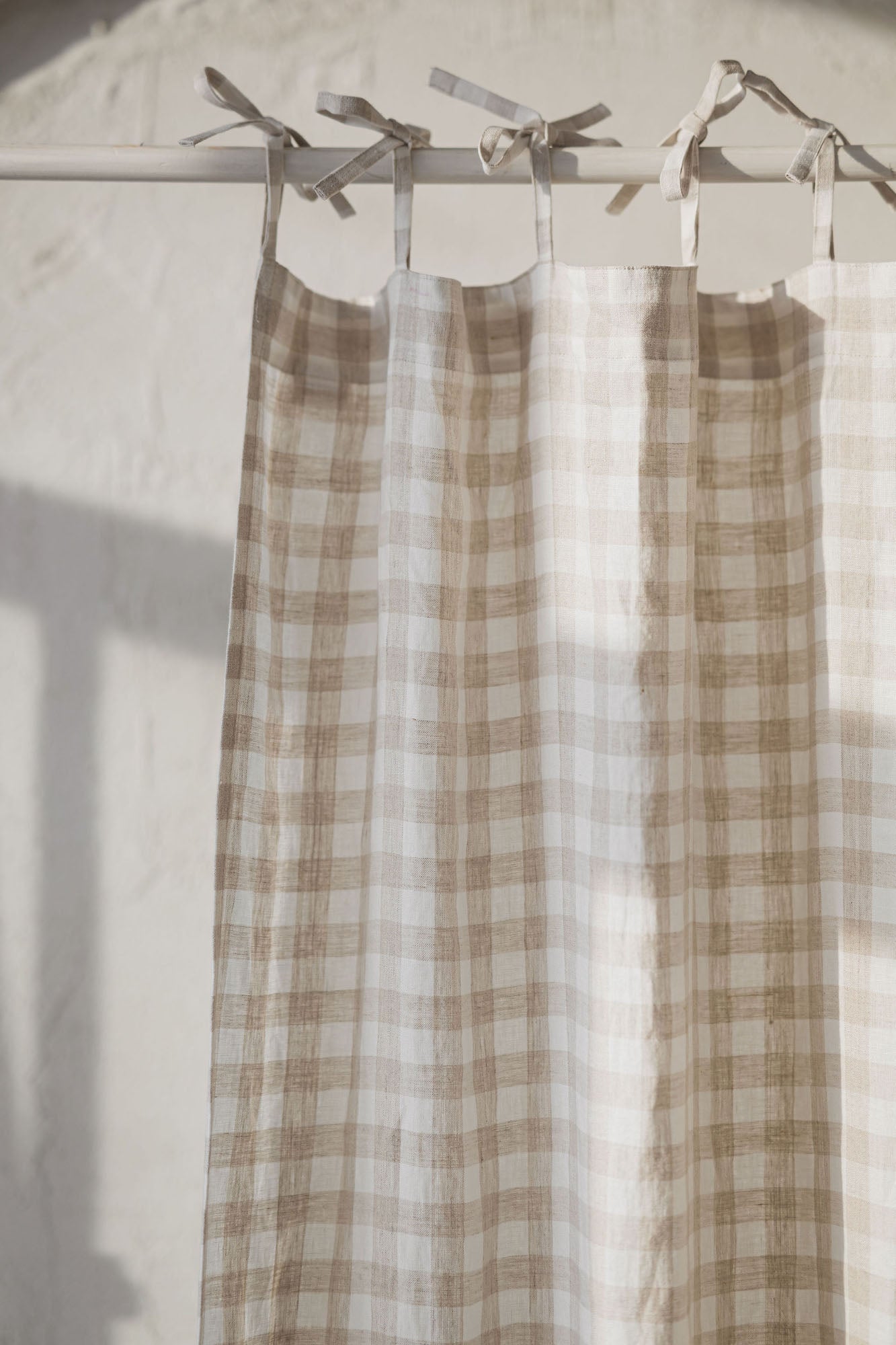 Tie top checkered linen curtain