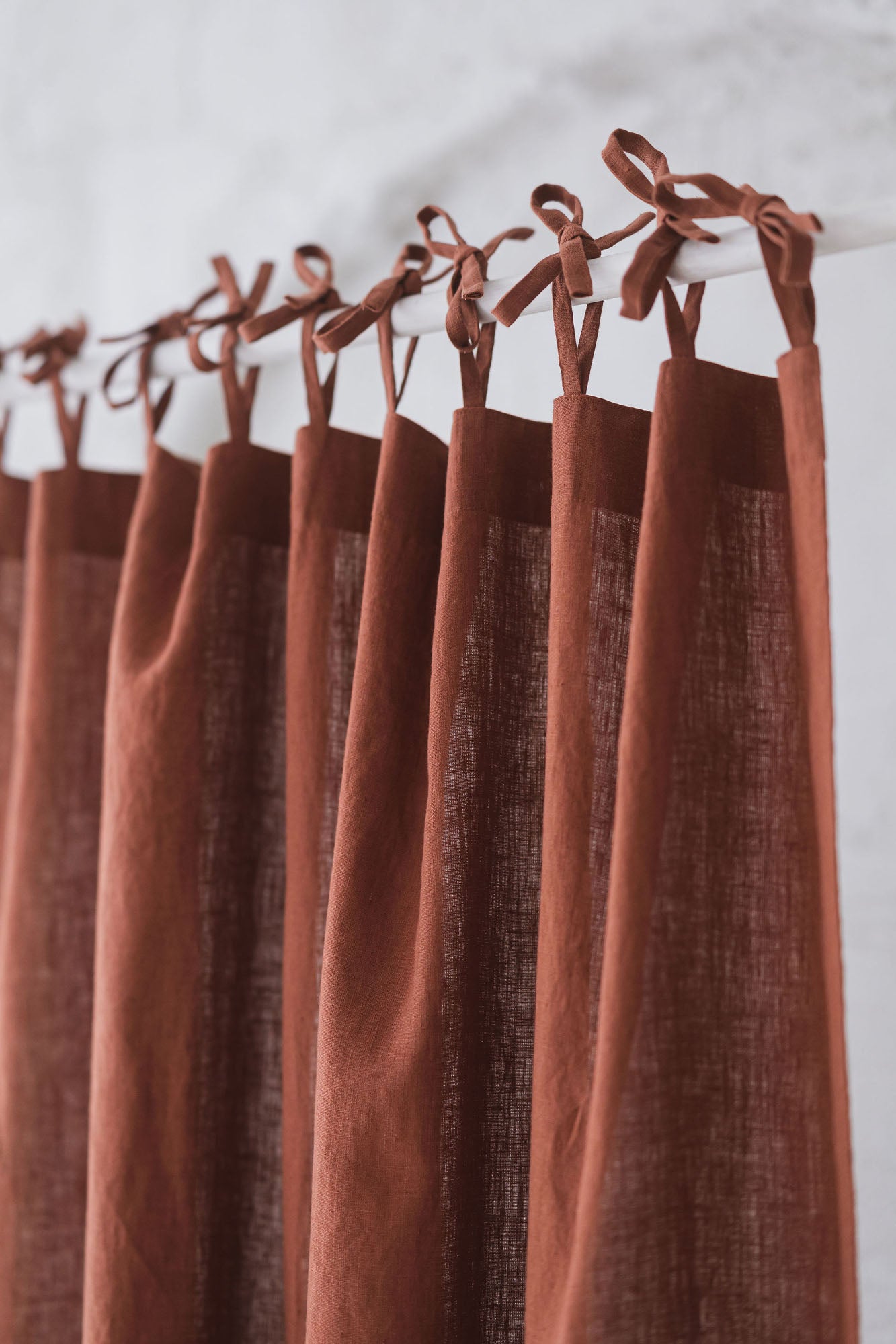 Tie top burnt orange linen curtain