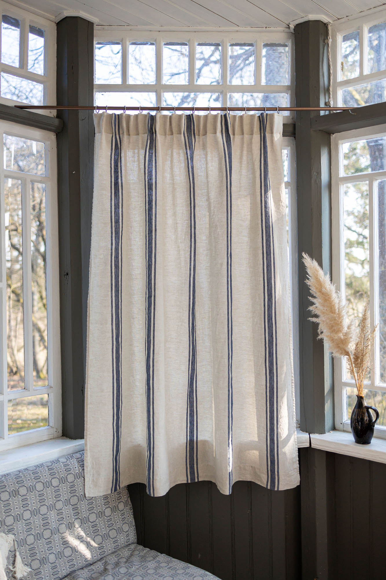 Pencil pleat linen curtain with blue stripes