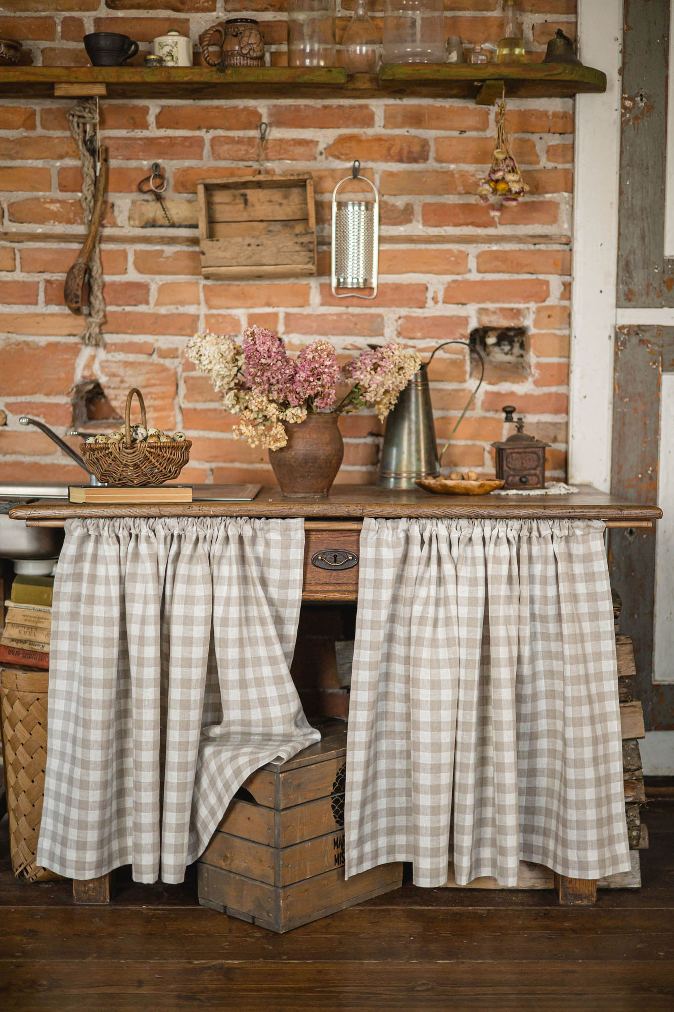 Checkered linen cabinet curtain