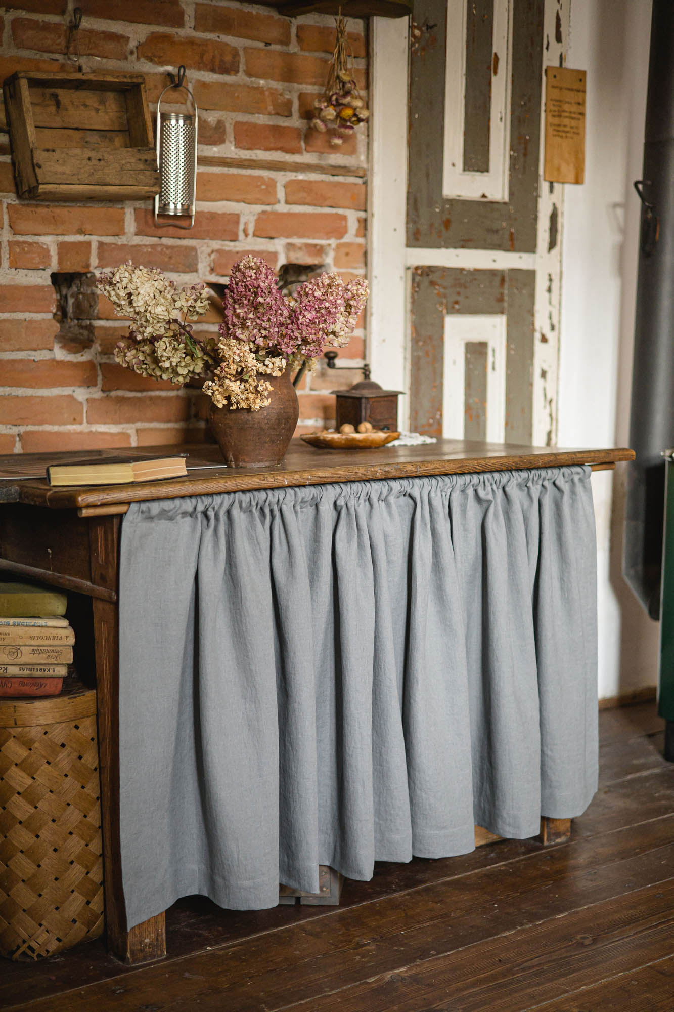 Grey linen cabinet curtain