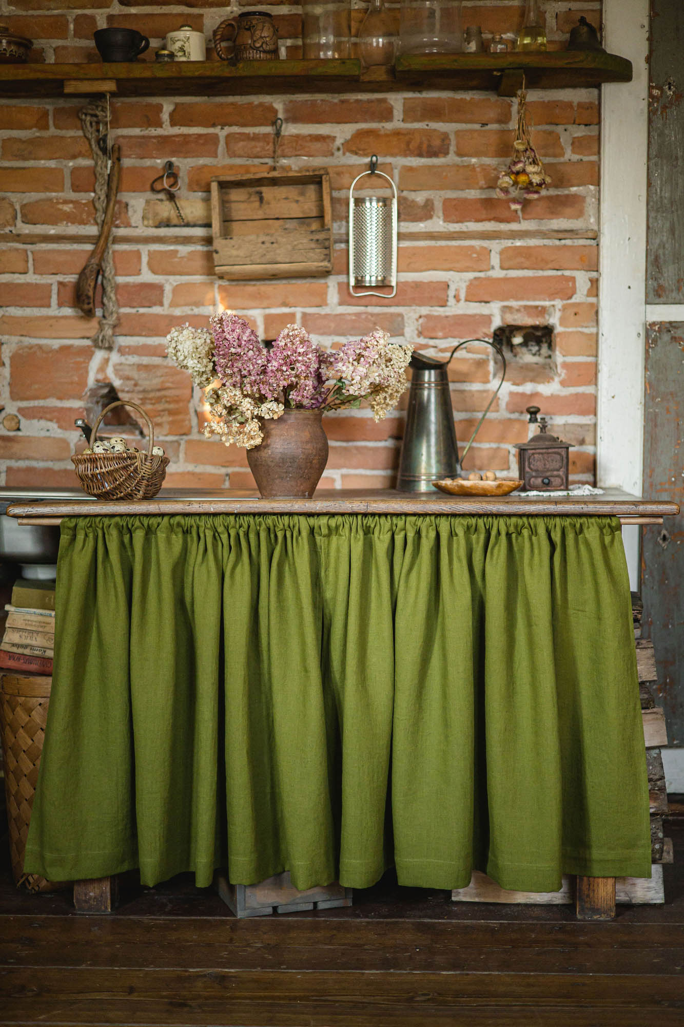 Moss green linen cabinet curtain