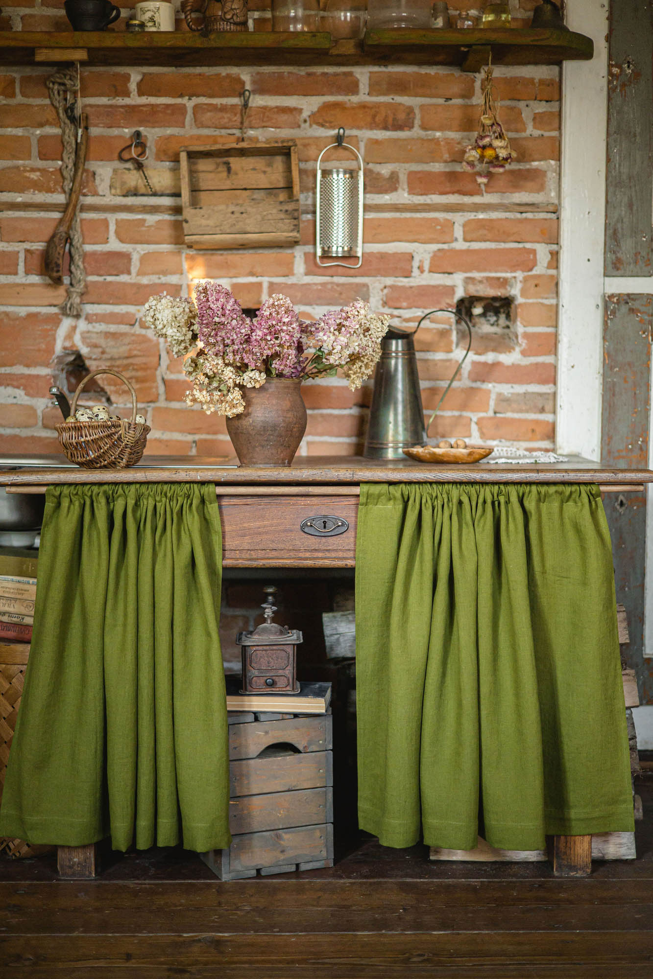 Moss green linen cabinet curtain
