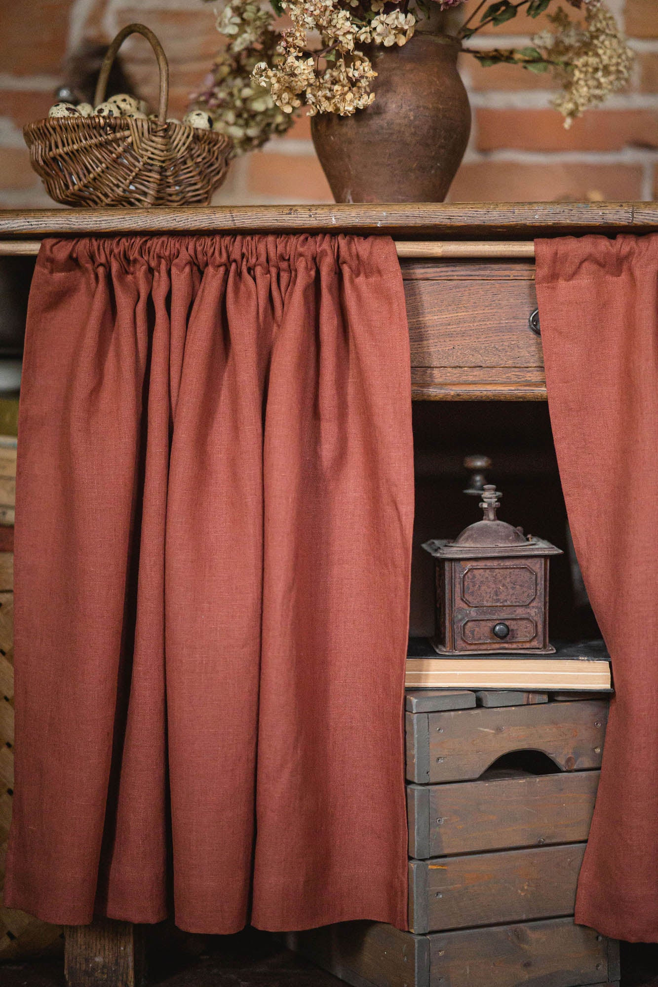 Burnt orange linen cabinet curtain