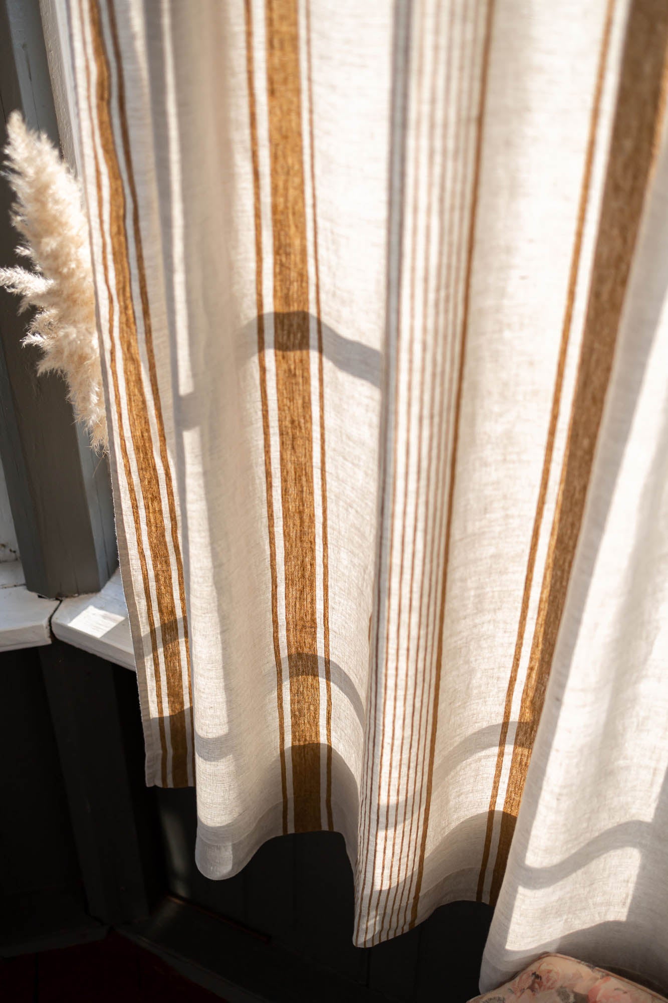 French style linen curtain with golden stripes and simple hem, for clips