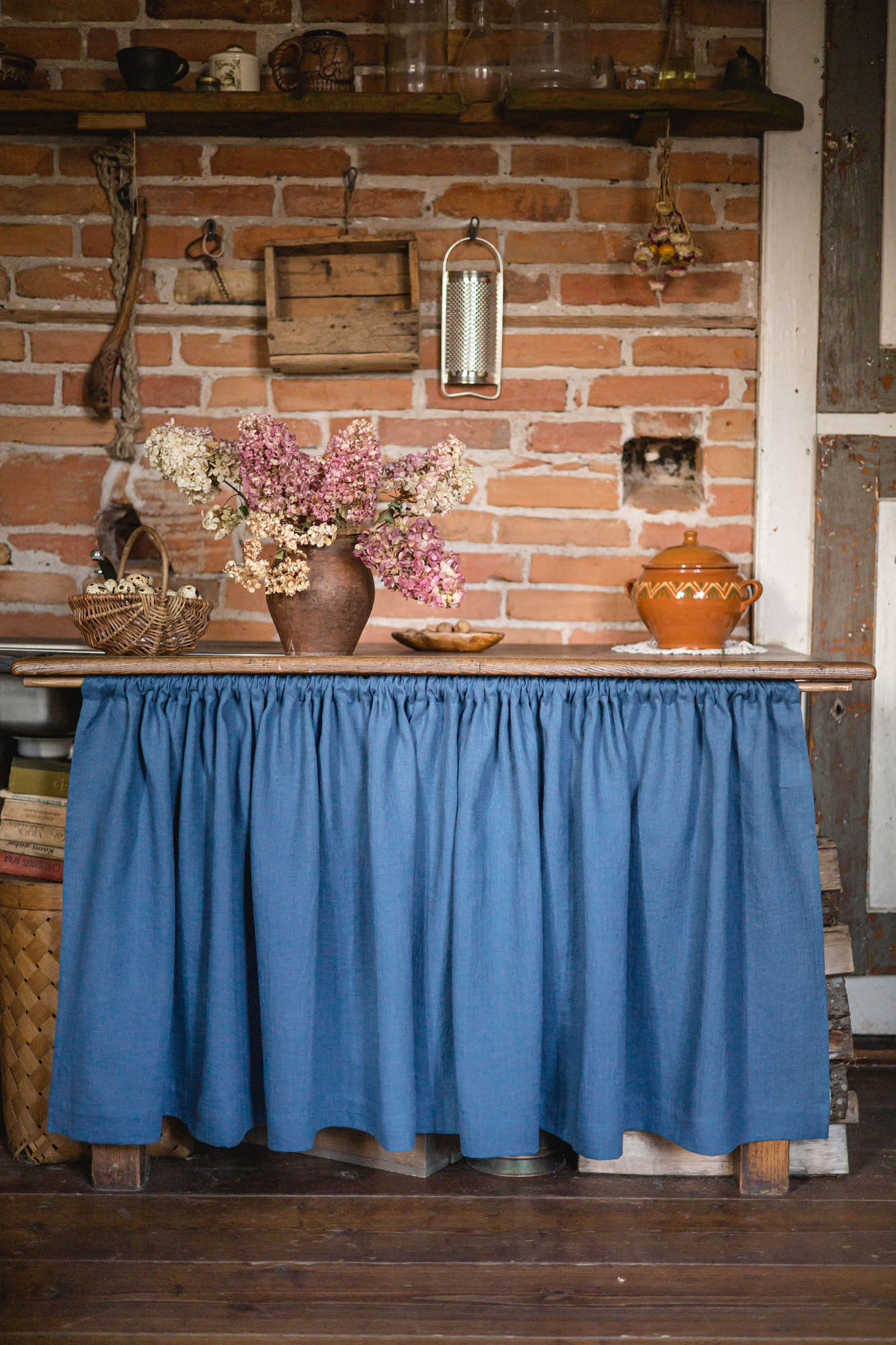 Cornflower blue linen cabinet curtain
