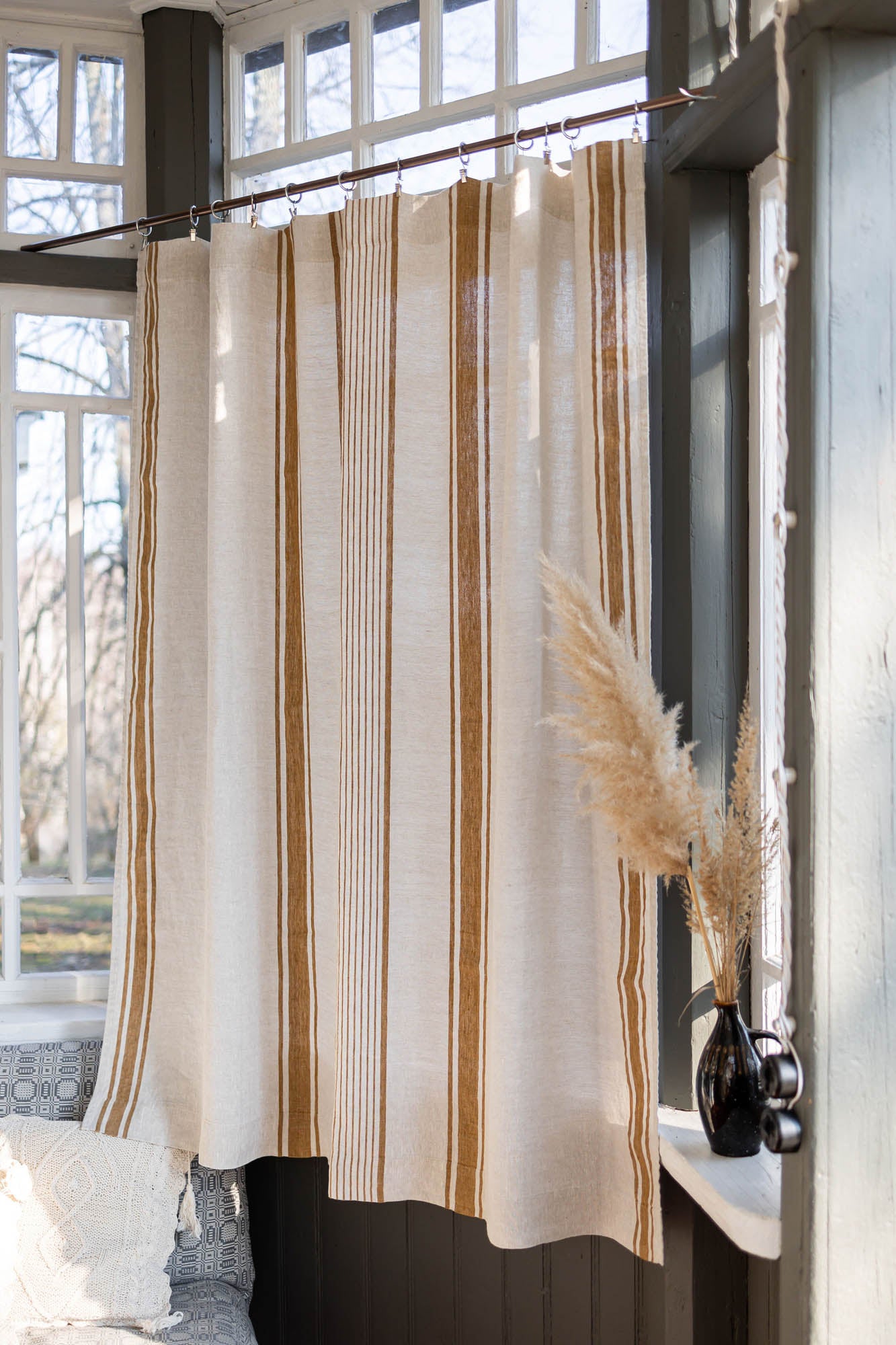 French style linen curtain with golden stripes and simple hem, for clips