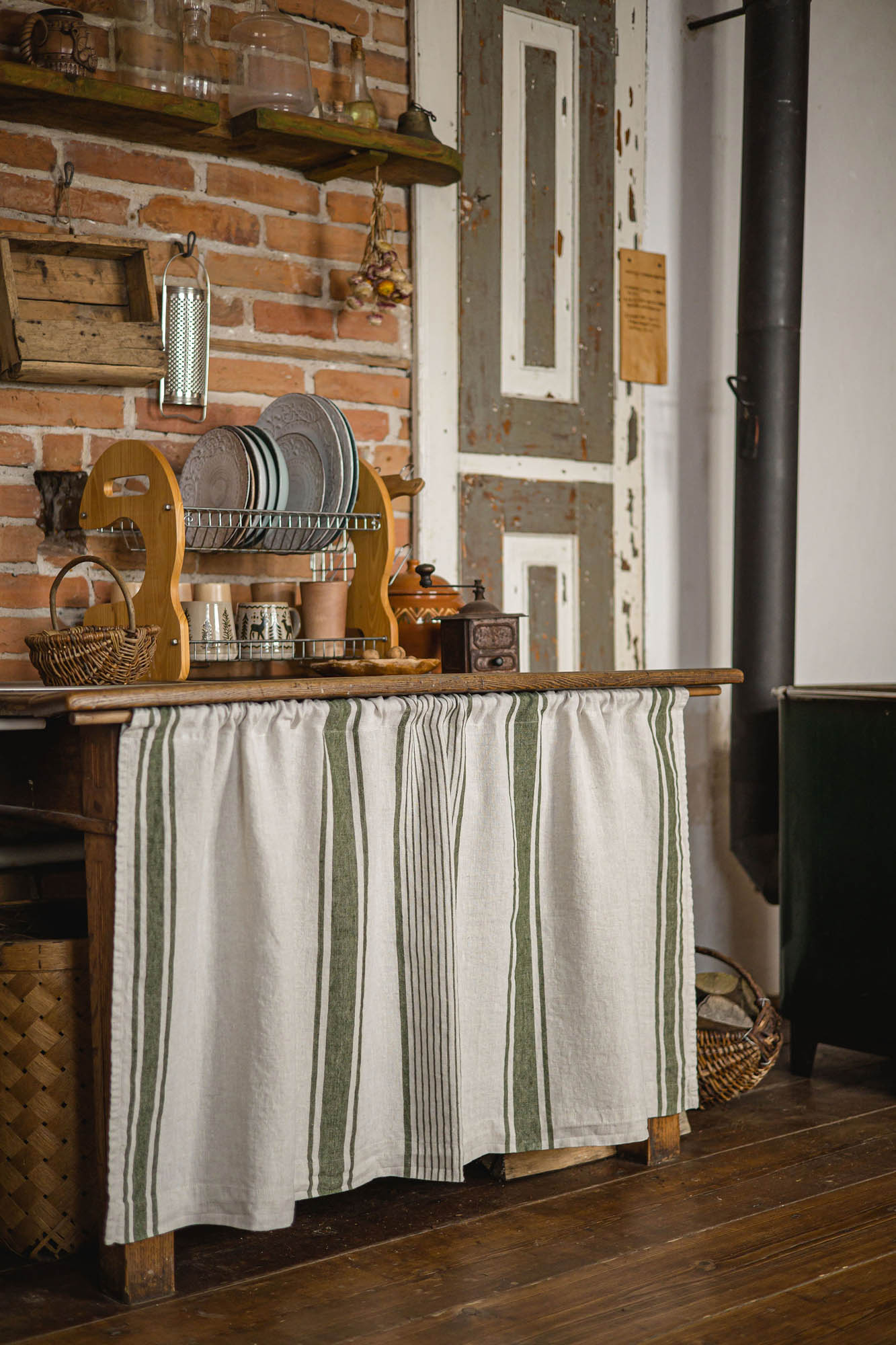 French style linen cabinet curtain with classic green stripes