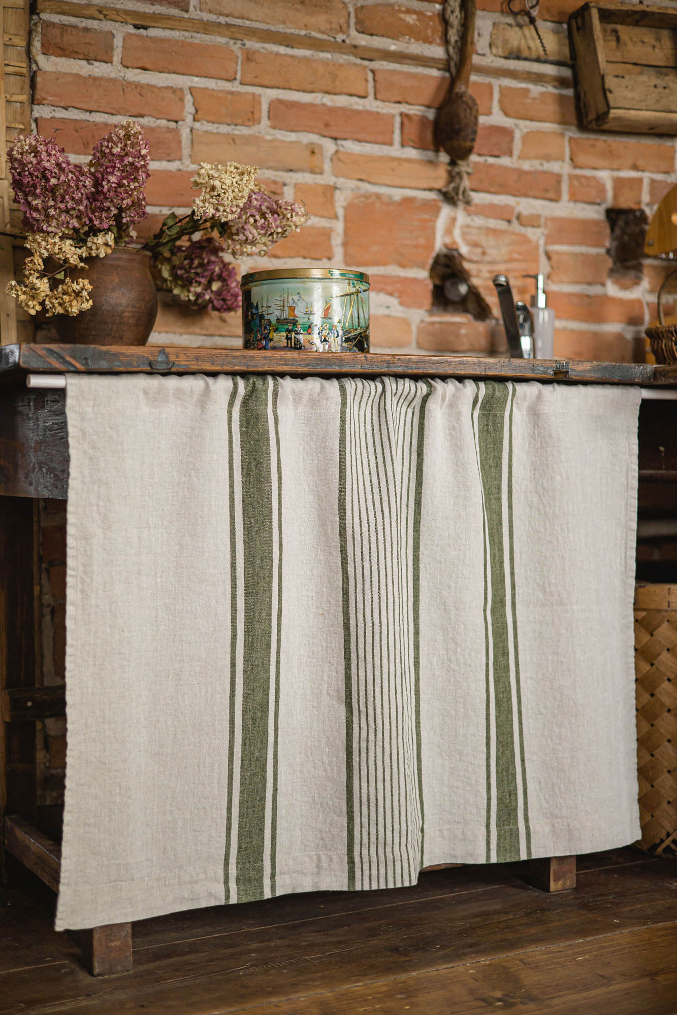 French style linen cabinet curtain with classic green stripes