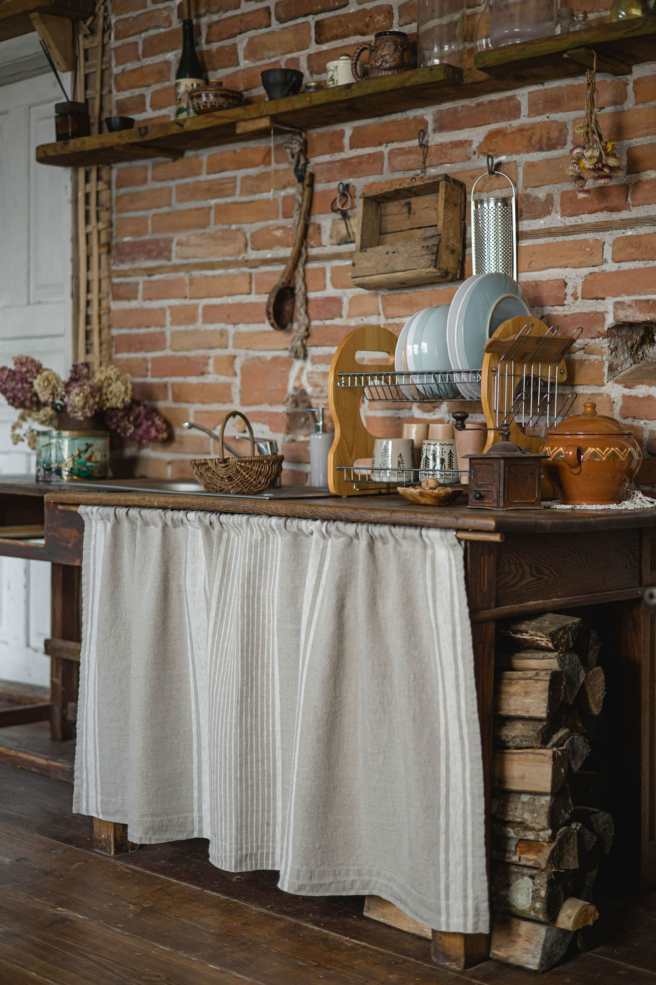 French style linen cabinet curtain with classic natural stripes