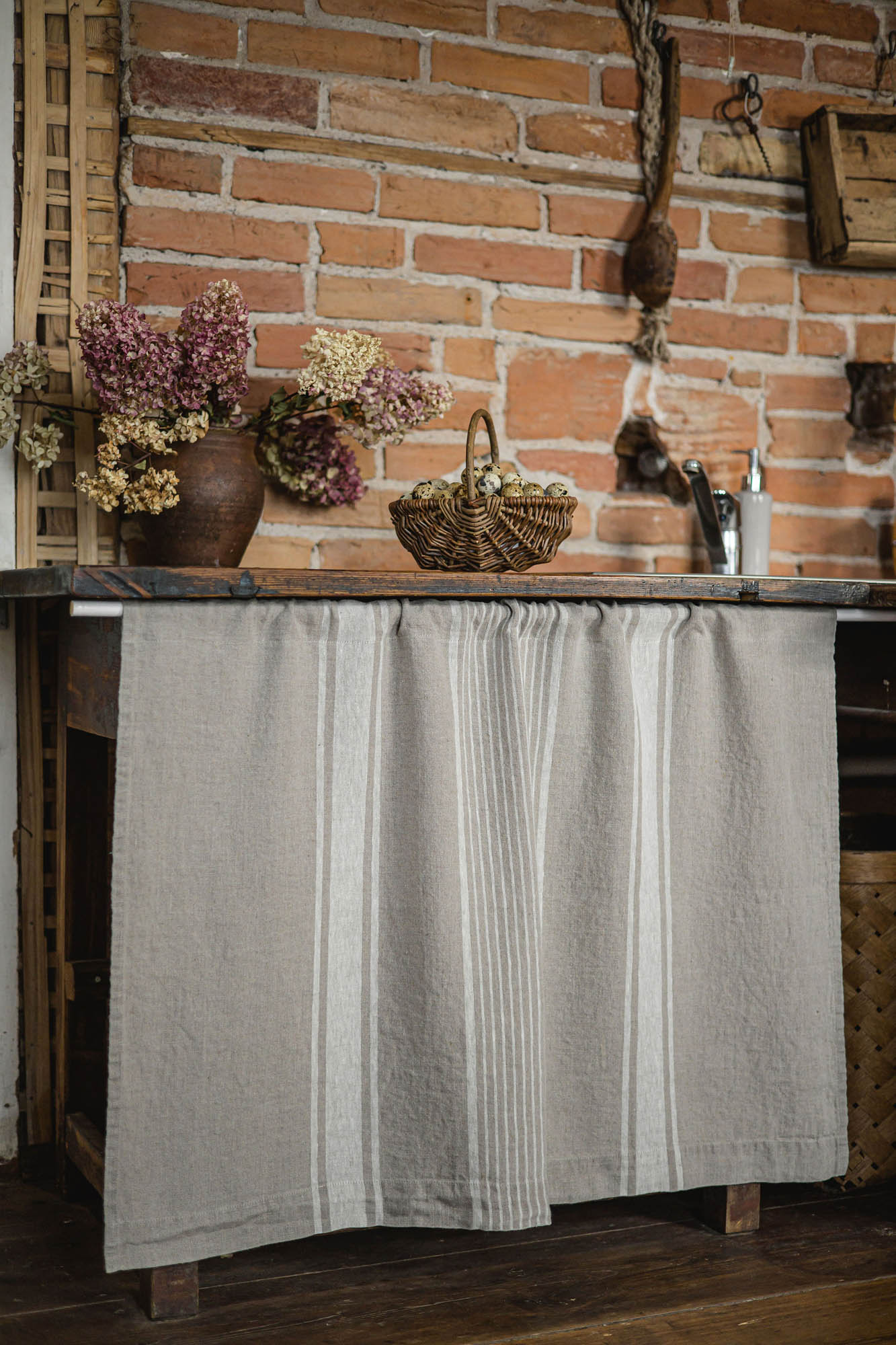 French style linen cabinet curtain with classic natural stripes