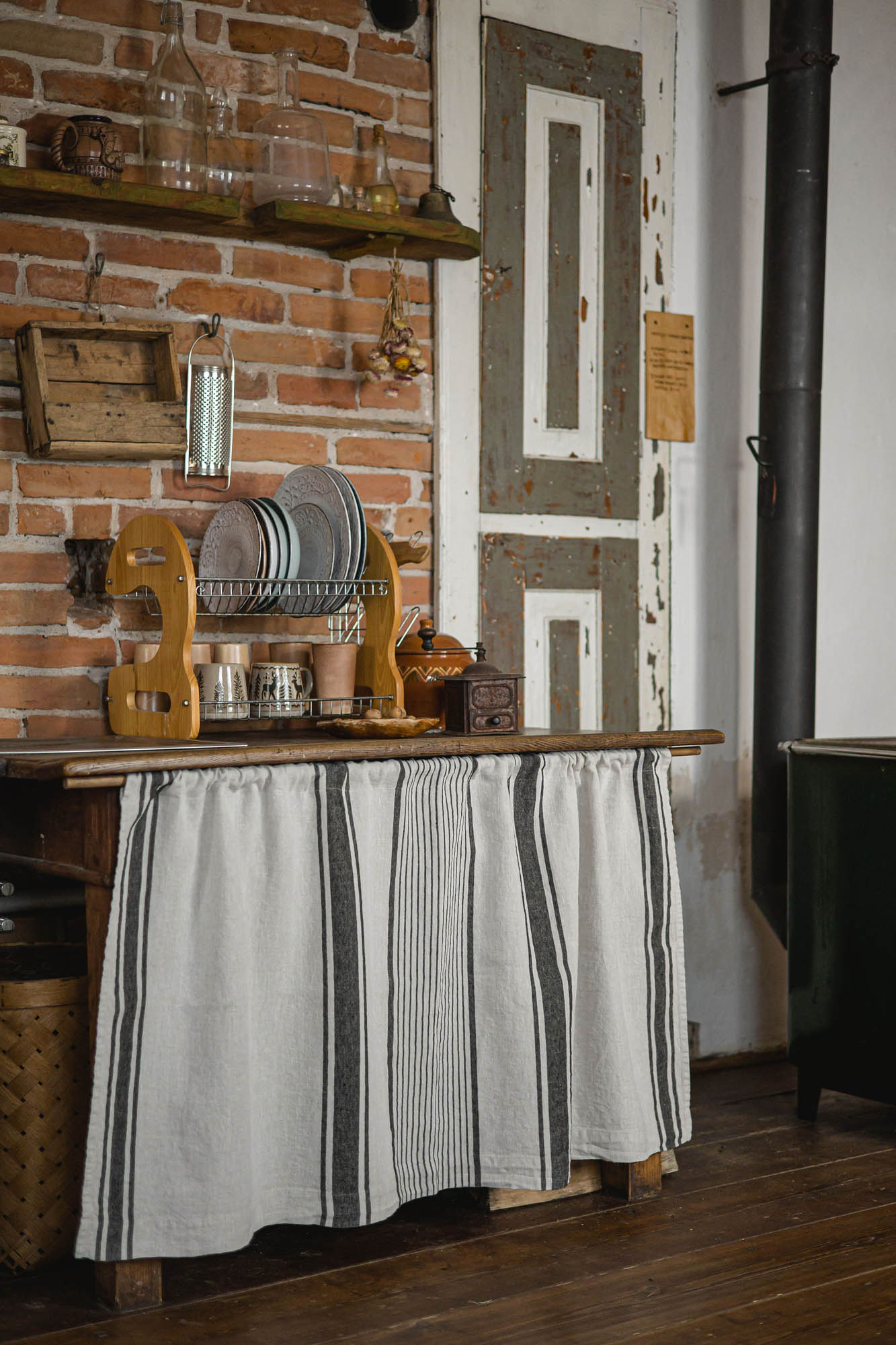 French style linen cabinet curtain with classic black stripes