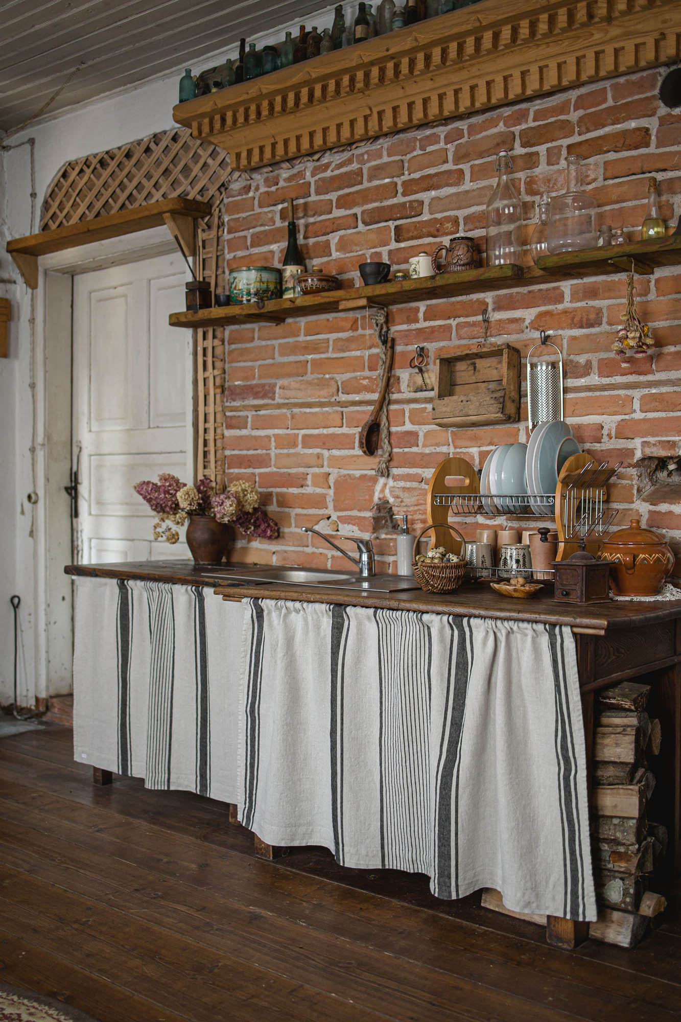 French style linen cabinet curtain with classic black stripes