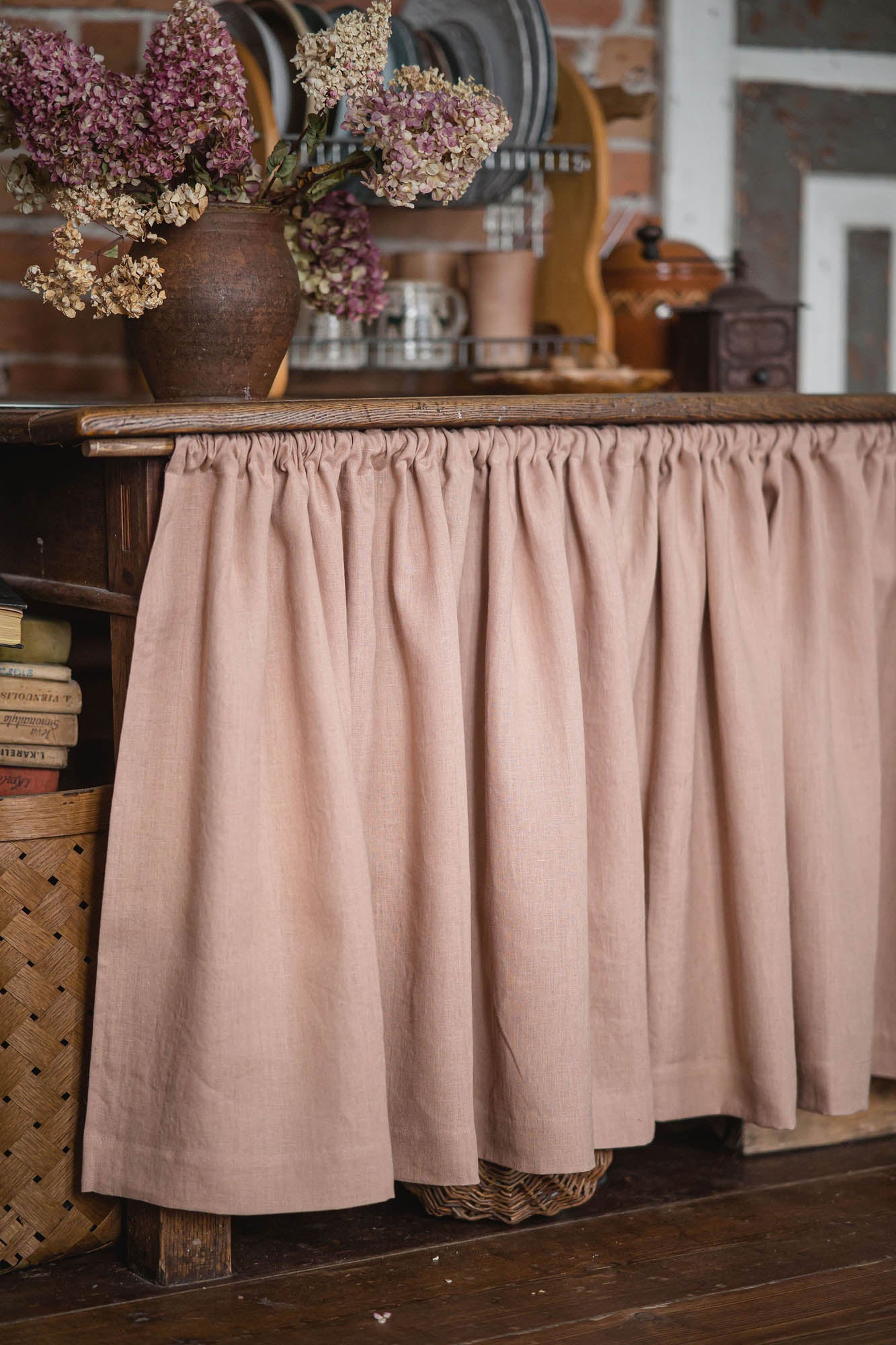 Misty rose linen cabinet curtain