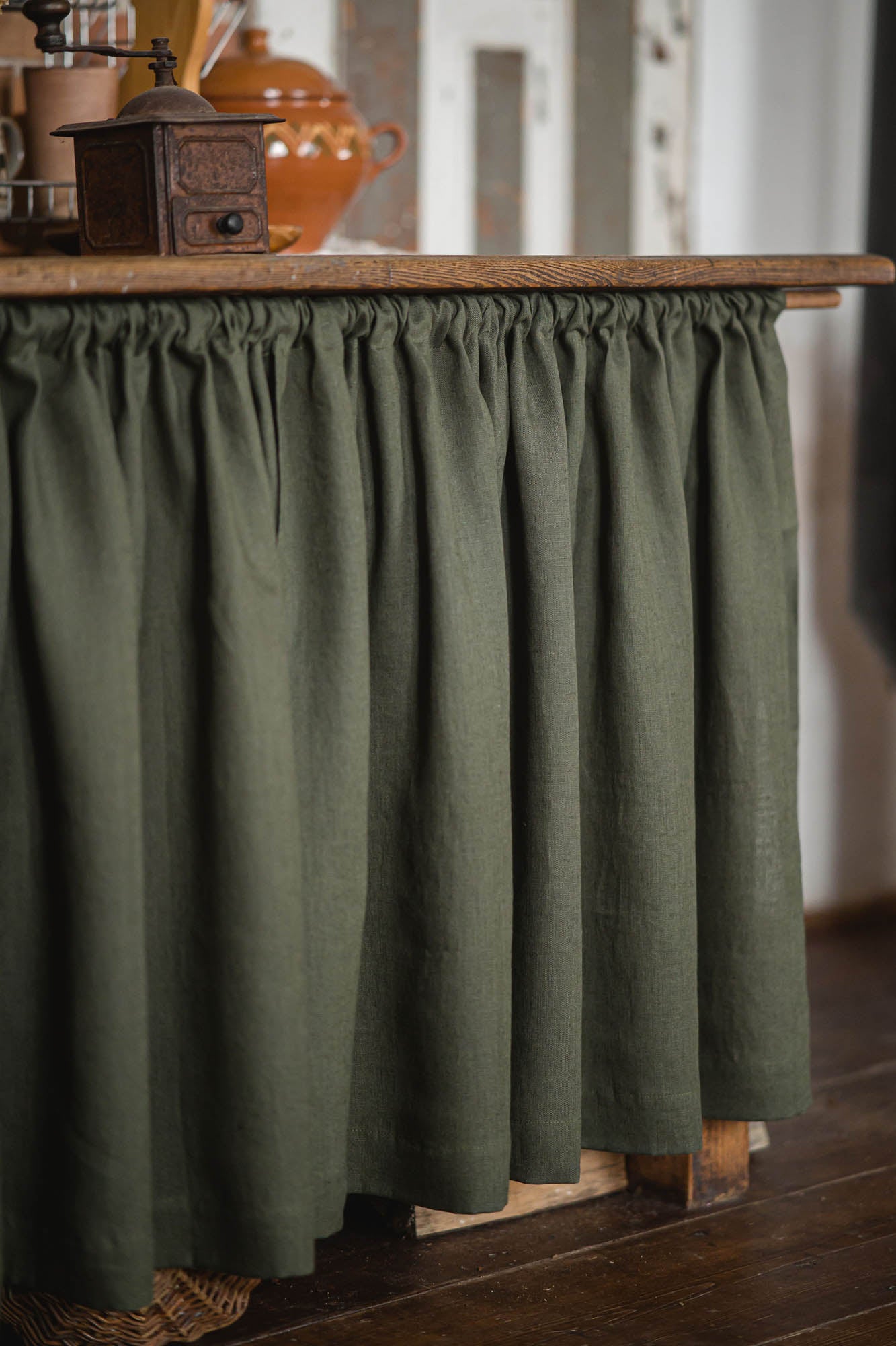 Forest green linen cabinet curtain