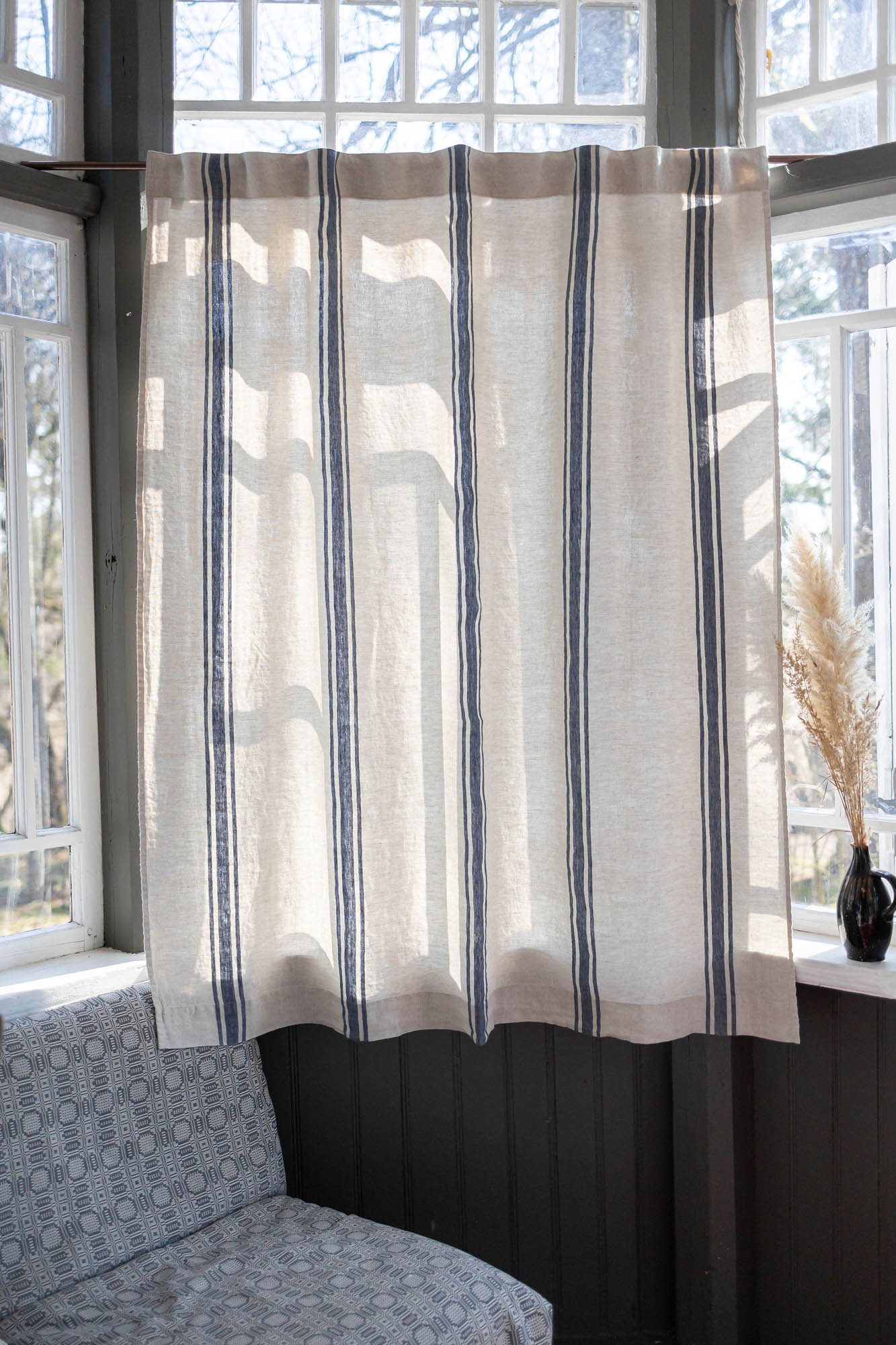Linen curtain with blue stripes and multifunctional heading tape