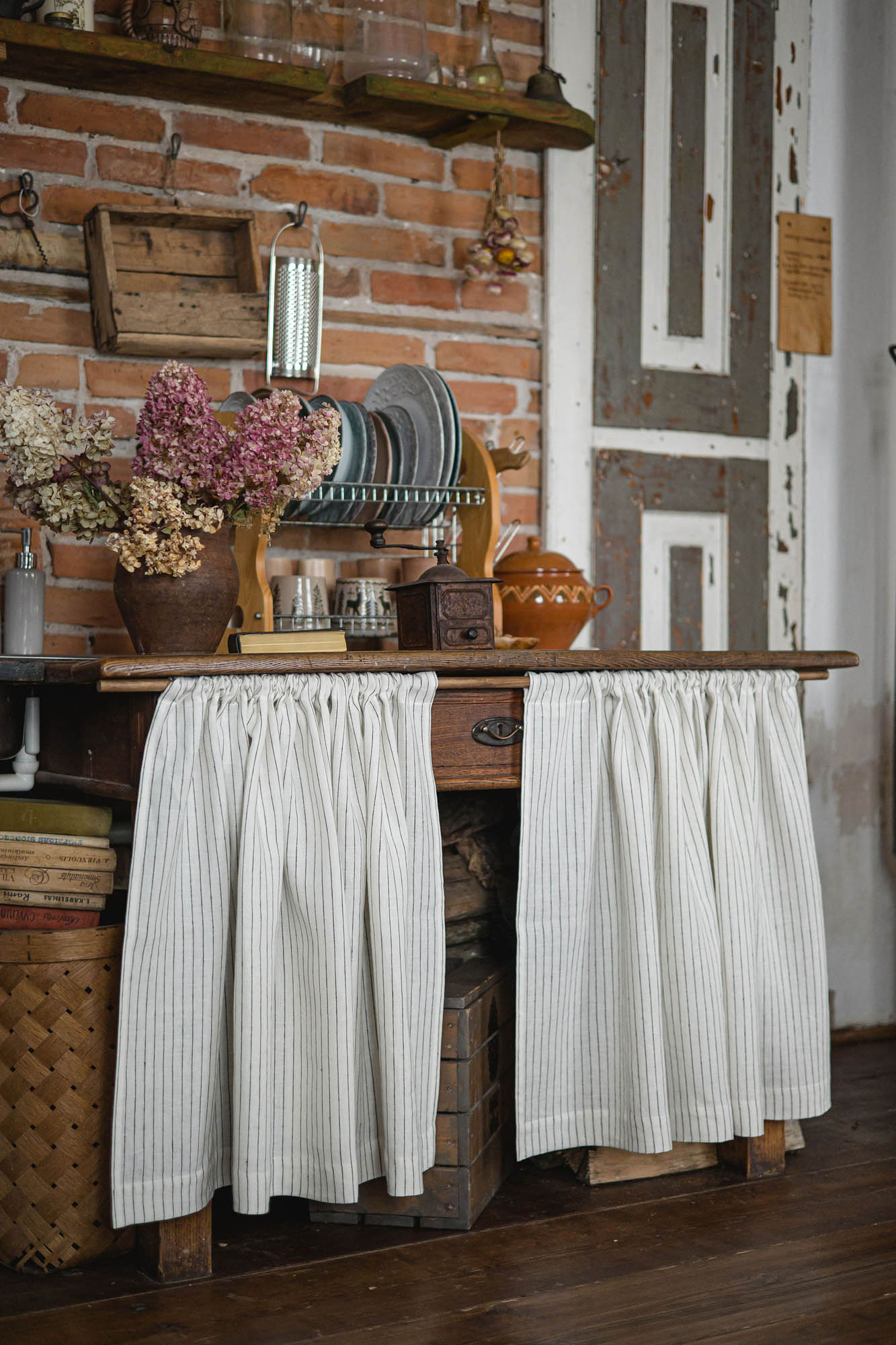 White with black stripes linen cabinet curtain