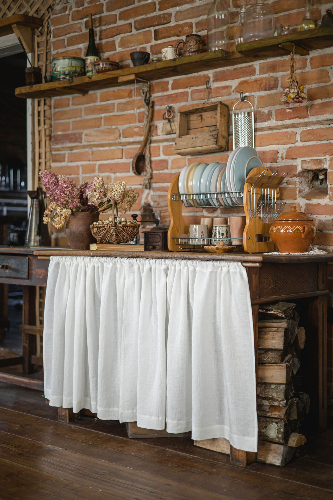 Off white linen cabinet curtain