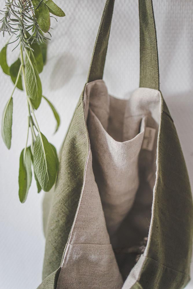 Forest green linen beach bag