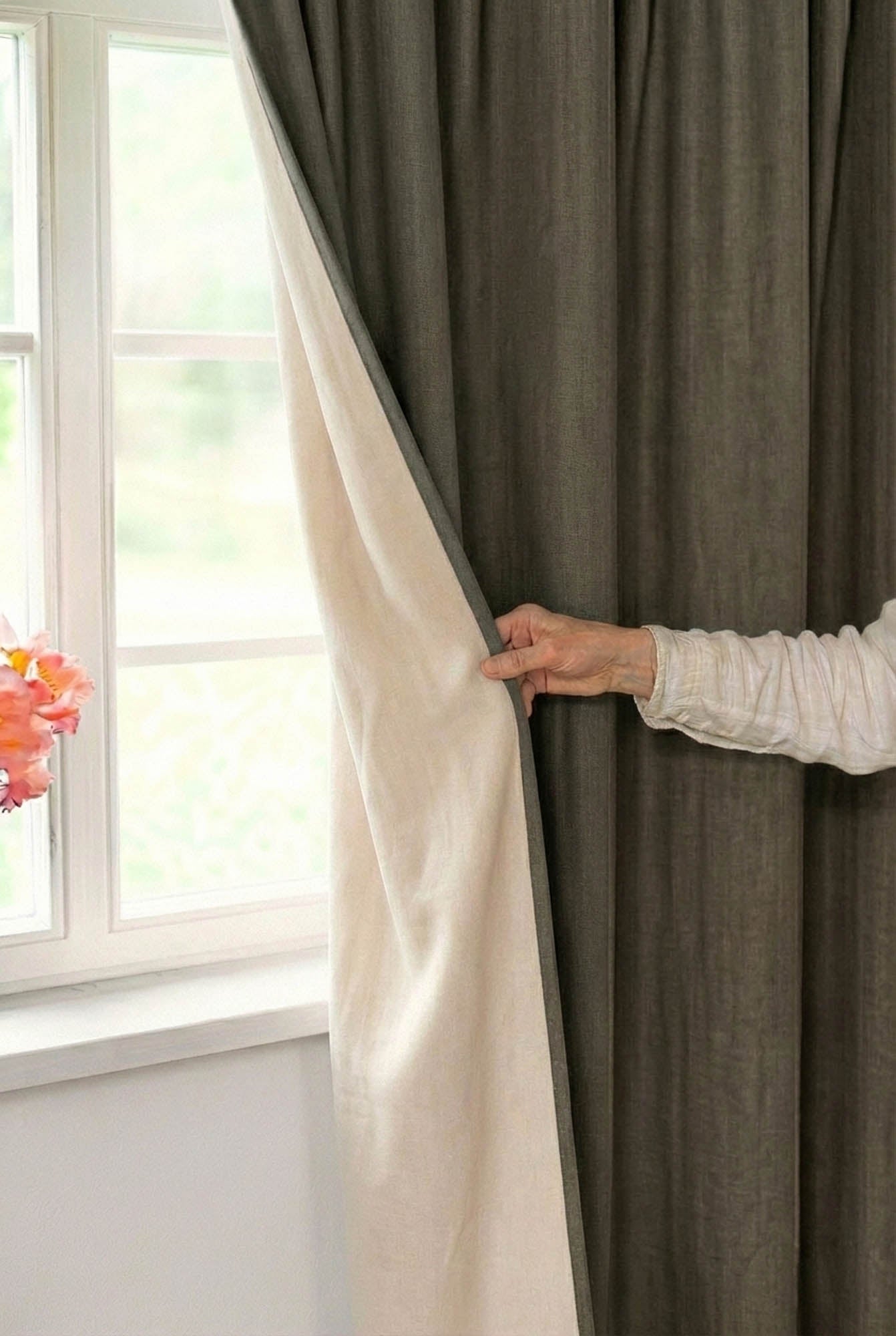 Gray green linen blackout curtain with multifunctional heading tape