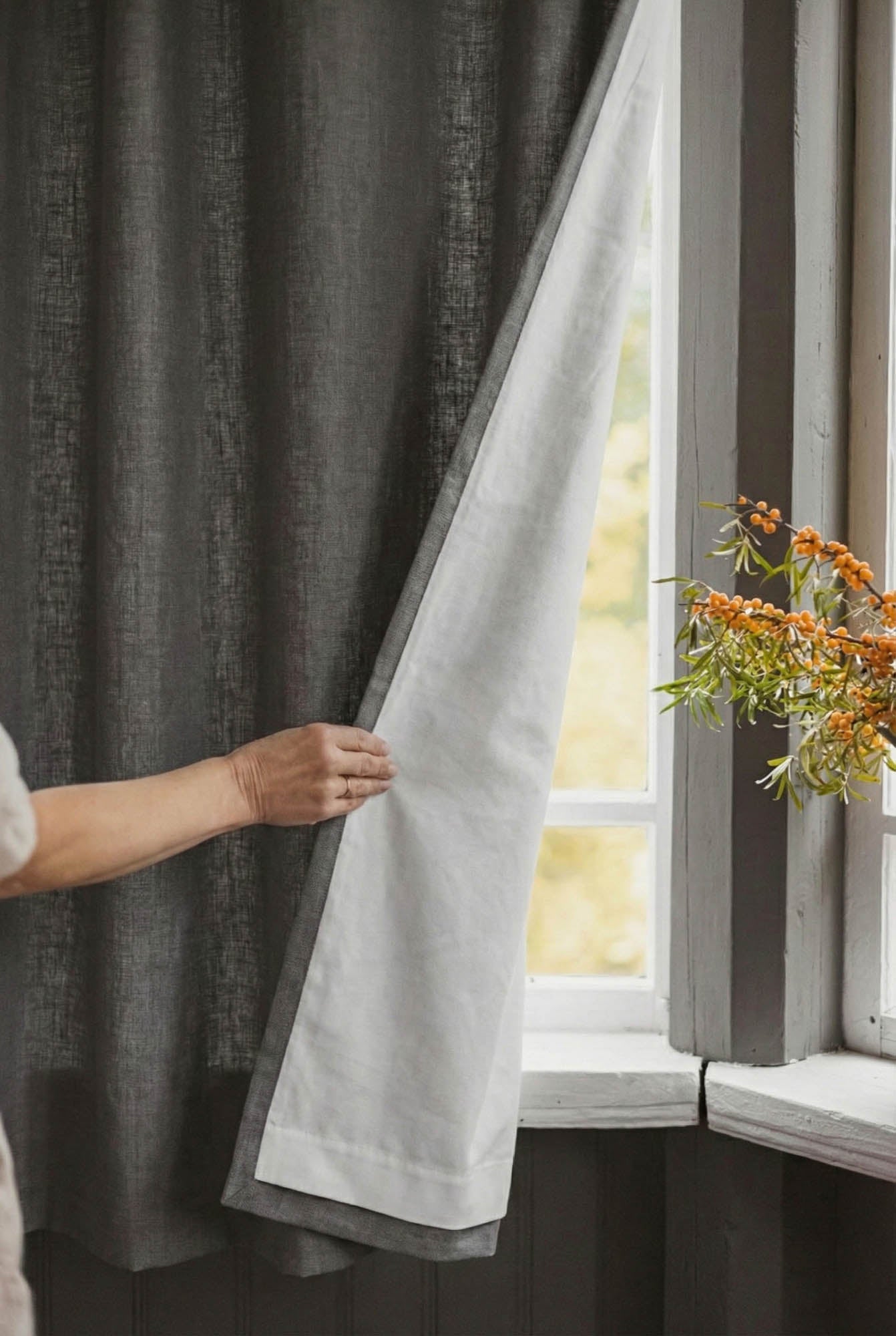 Grey linen curtain with cotton lining and multifunctional heading tape