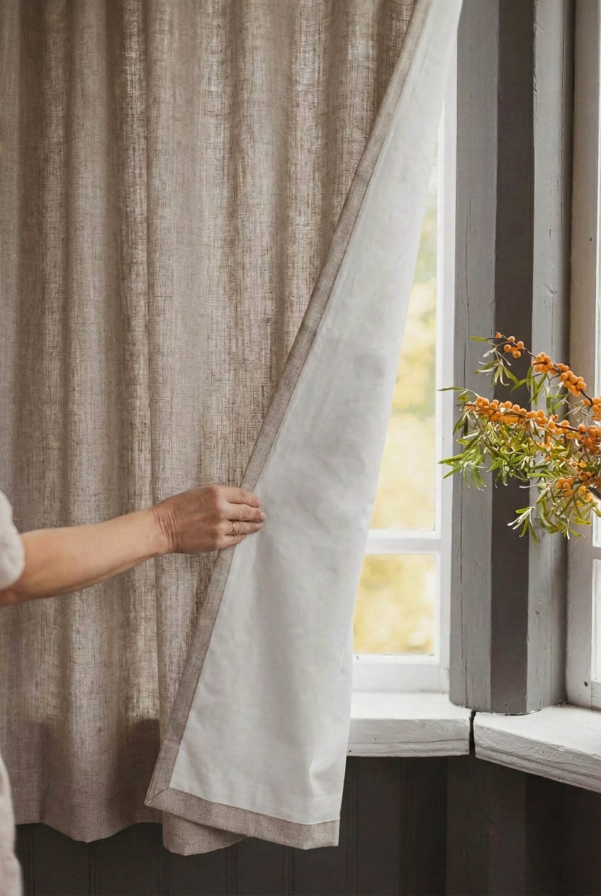 Heavyweight natural linen curtain with cotton lining and multifunctional heading tape