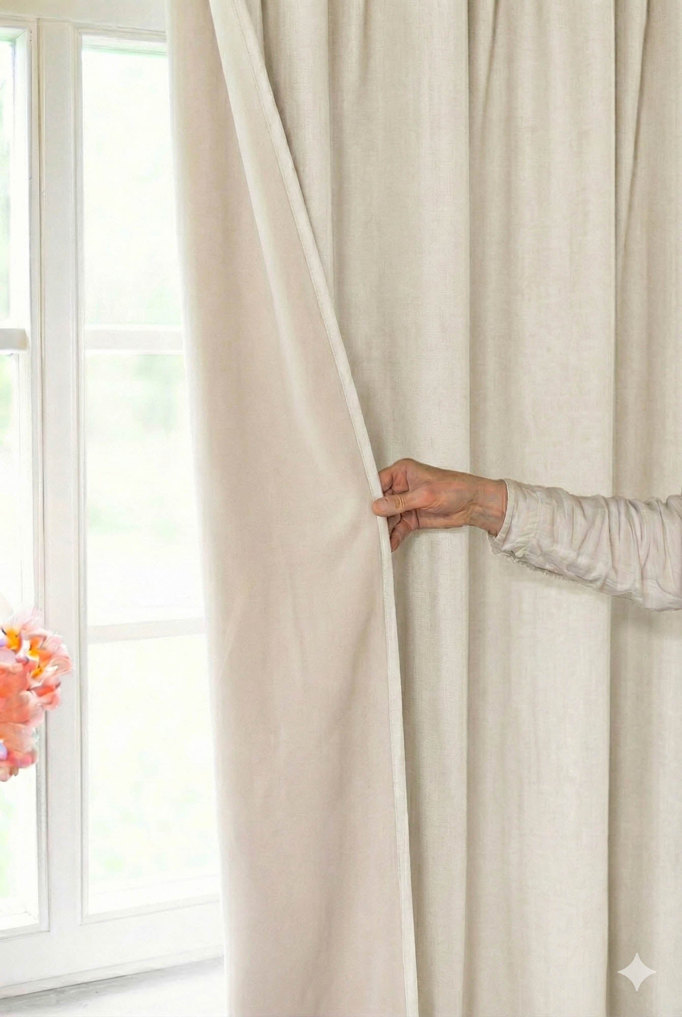 Off white linen blackout curtain with multifunctional heading tape