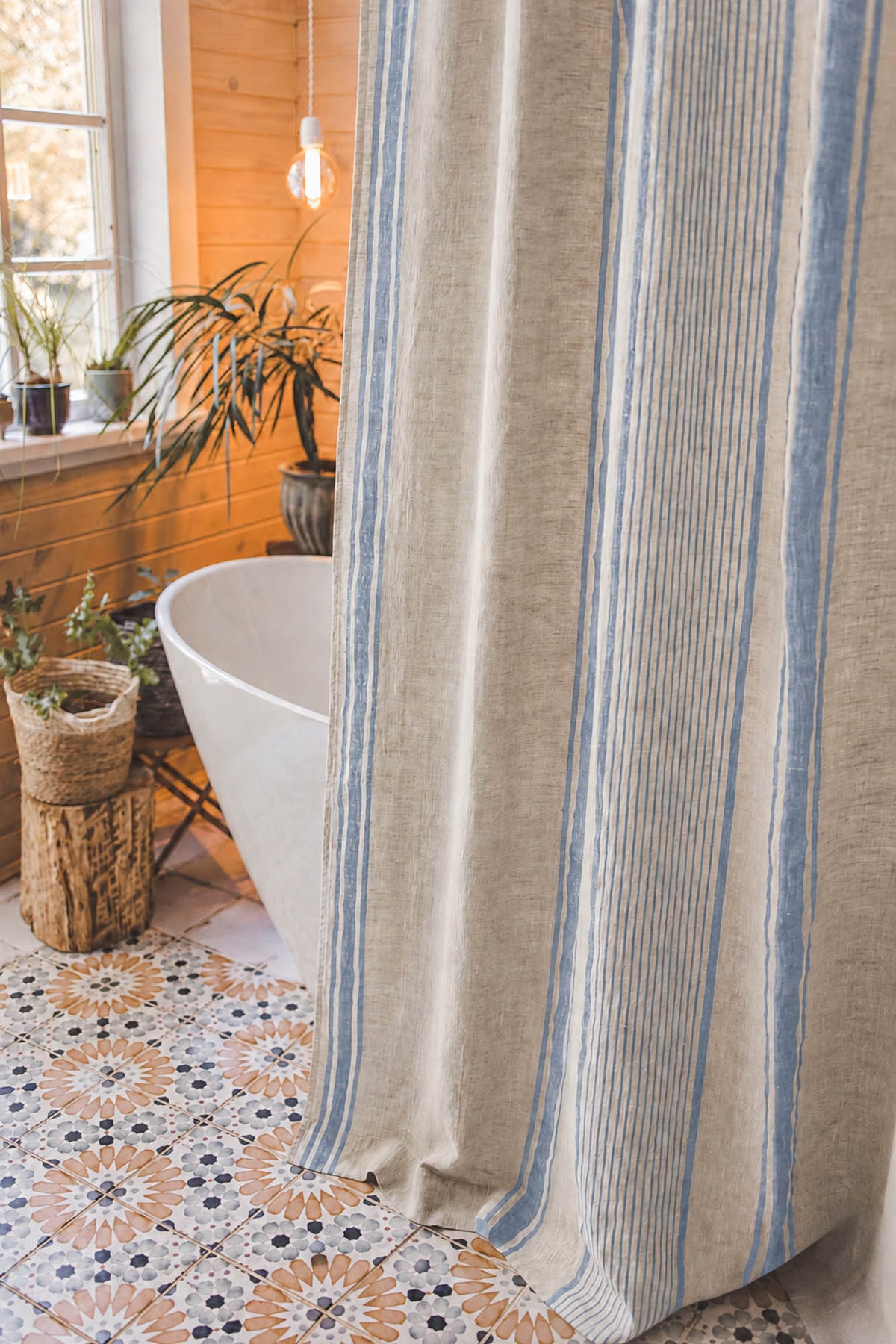 French style linen shower curtain with coastal blue stripes