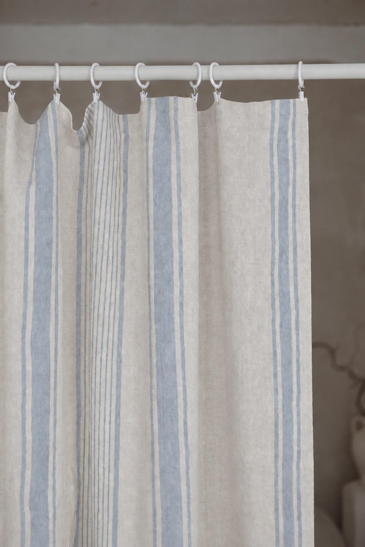 French style linen curtain with coastal blue stripes and simple hem, for clips