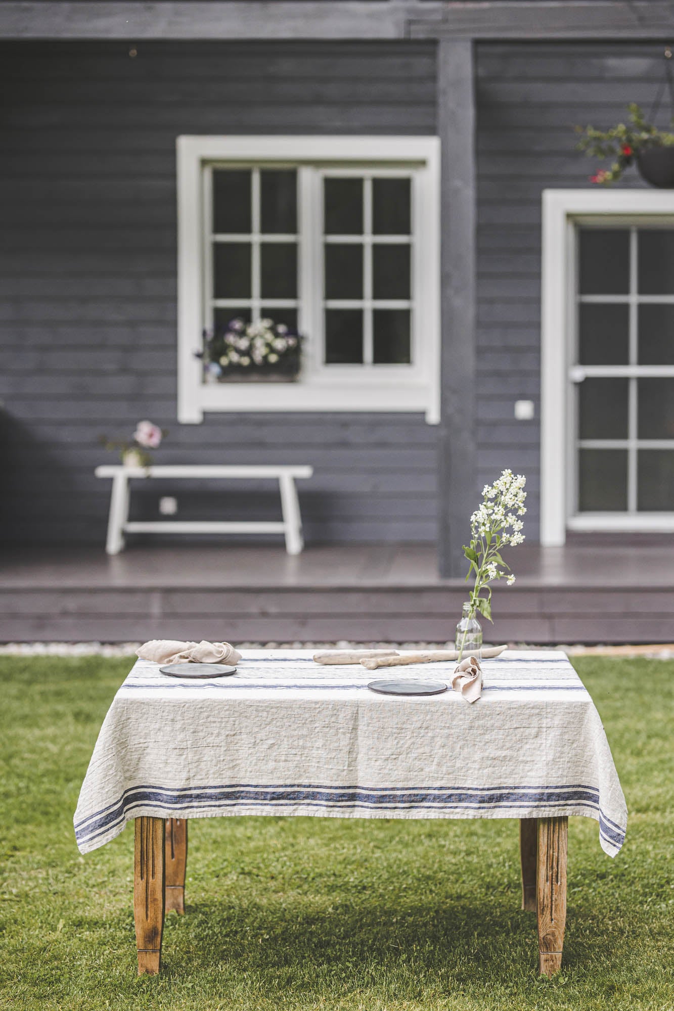 French style linen tablecloth with blue stripes
