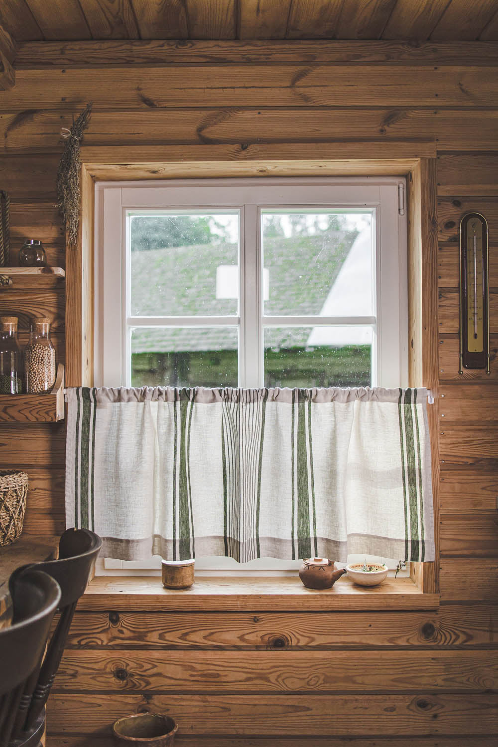 French style linen cafe curtain with classic green stripes