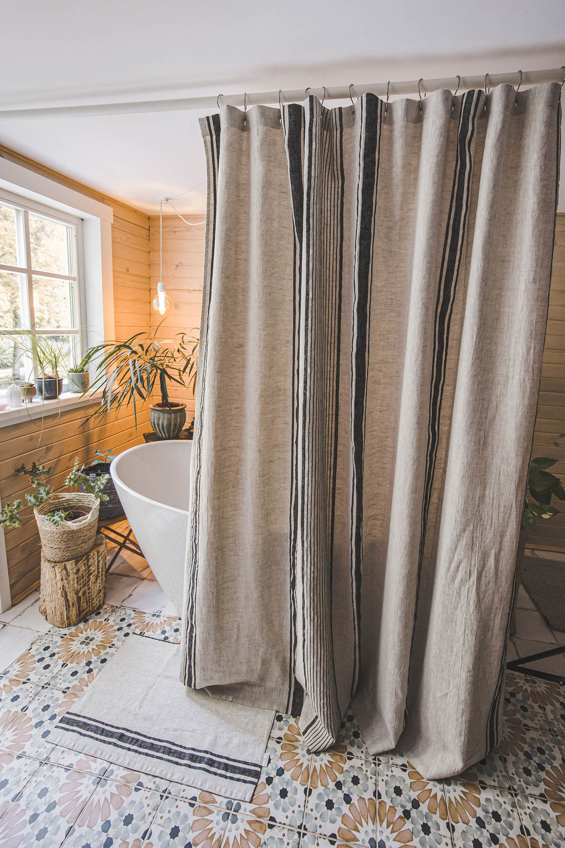 French style linen shower curtain with black stripes