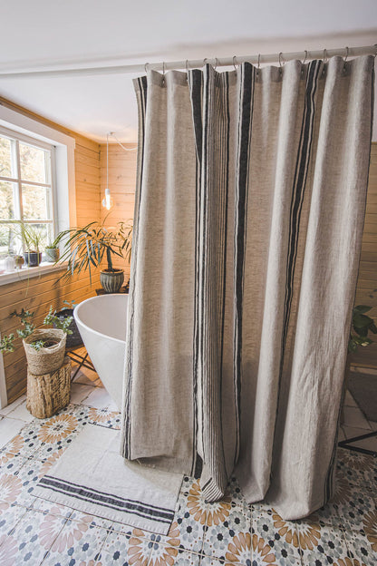 French style linen shower curtain with black stripes
