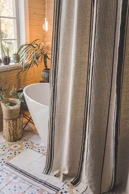French style linen shower curtain with black stripes