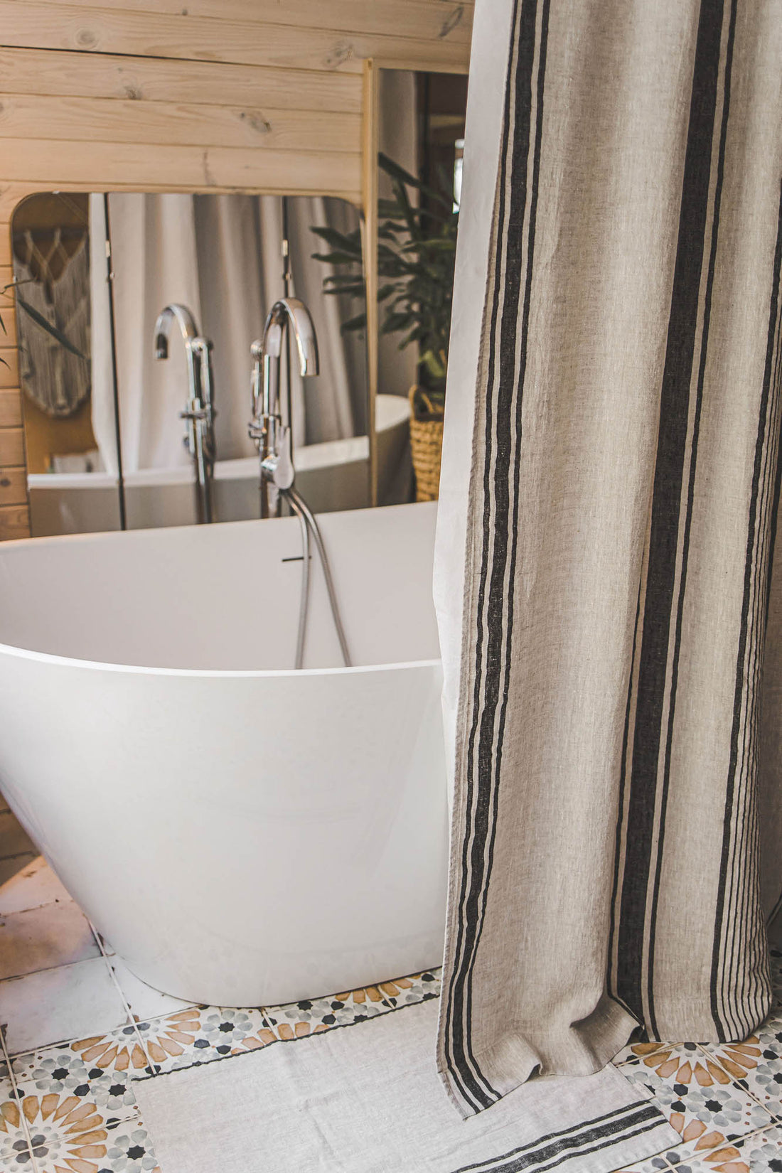 French style linen shower curtain with black stripes