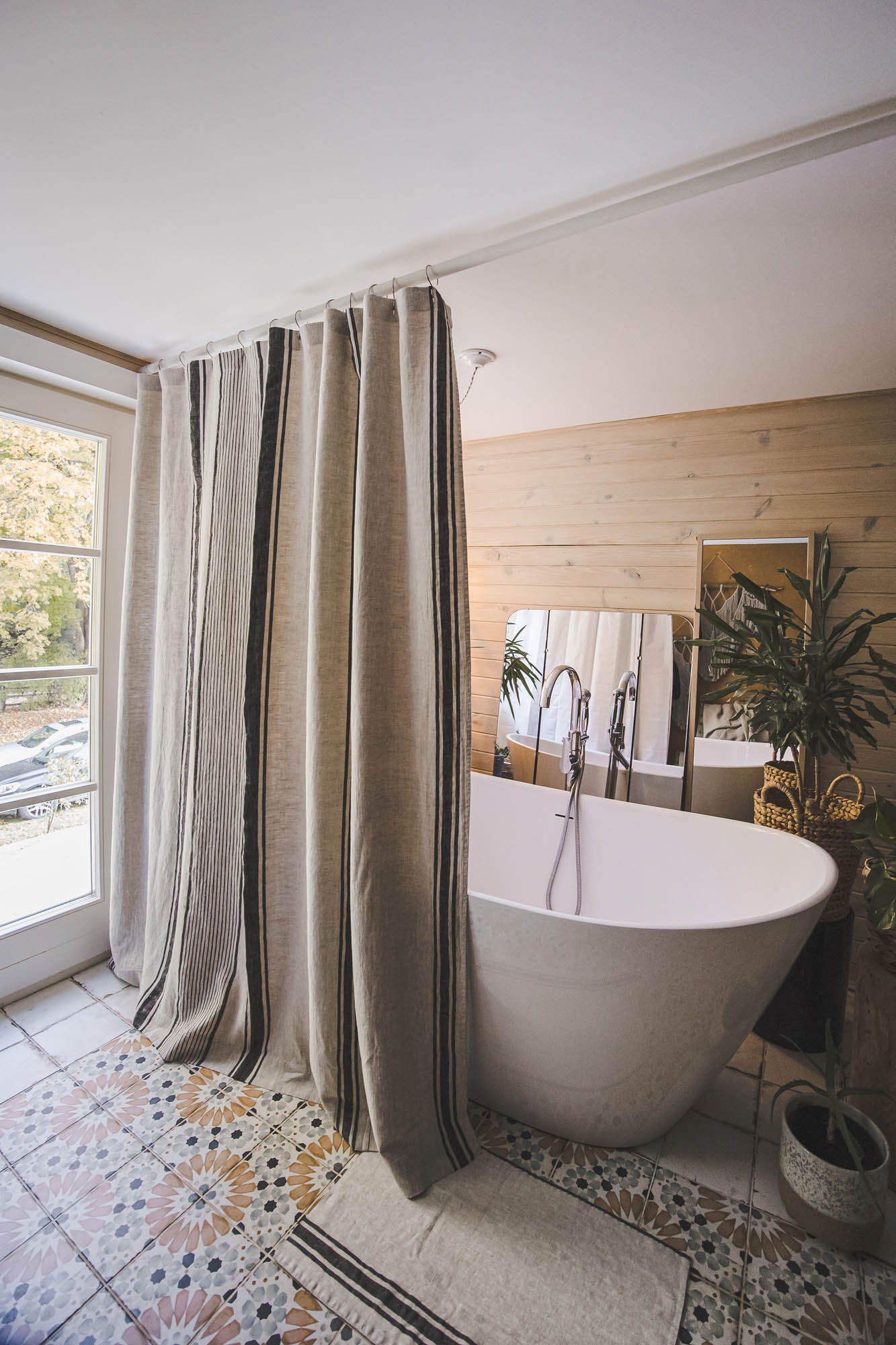 French style linen shower curtain with black stripes