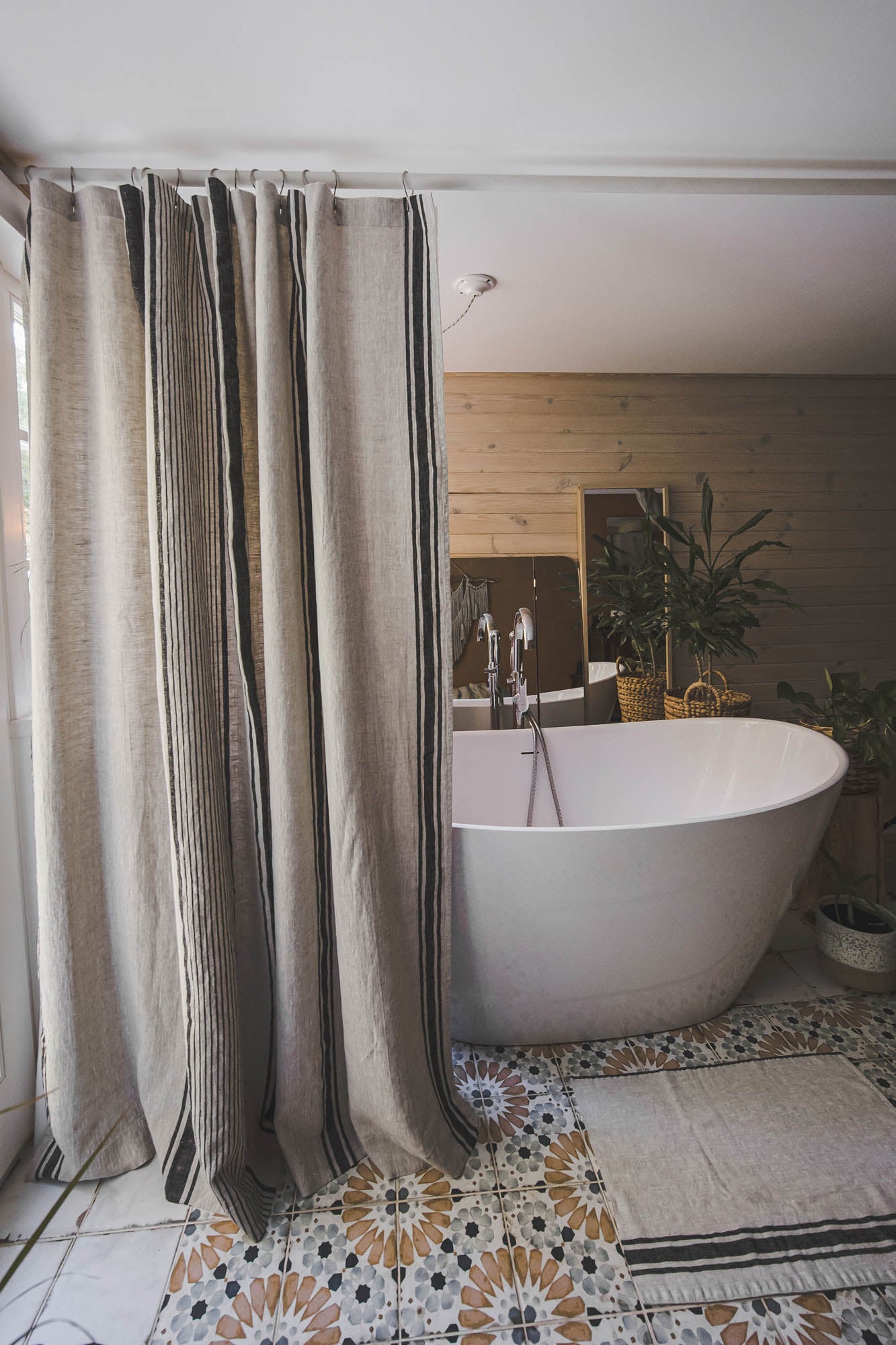 French style linen shower curtain with black stripes