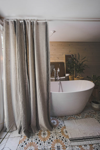 French style linen shower curtain with black stripes