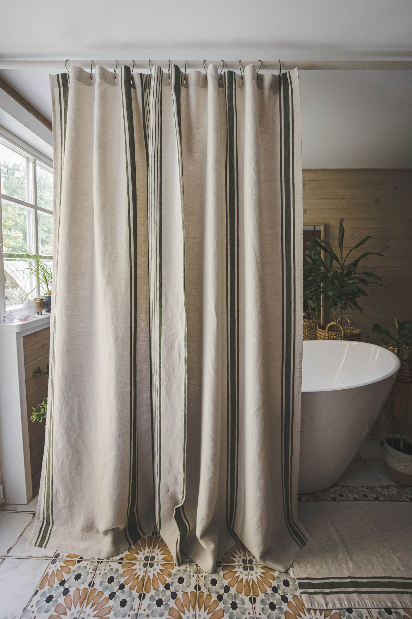 French style linen shower curtain with black stripes