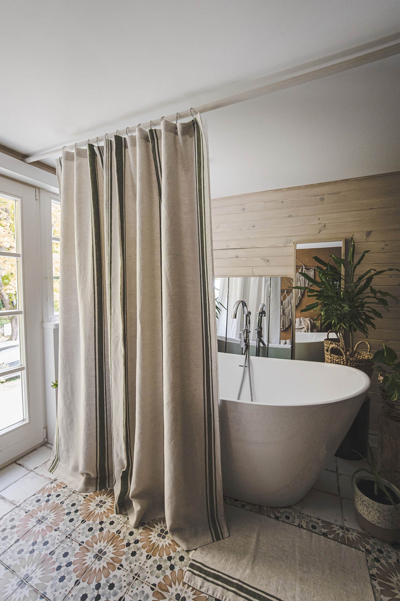French style linen shower curtain with black stripes