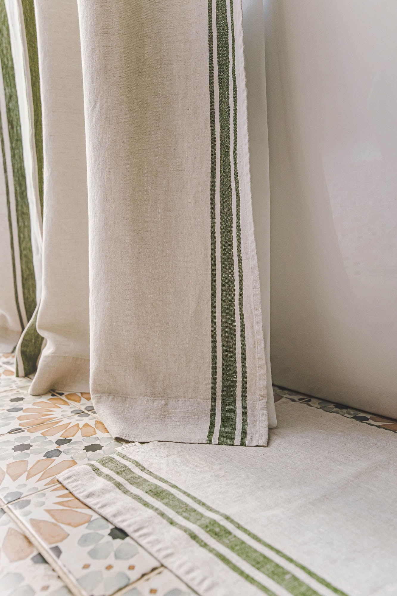 French style linen shower curtain with green stripes