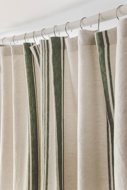 French style linen shower curtain with green stripes