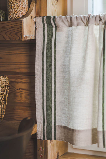 French style linen cafe curtain with classic green stripes