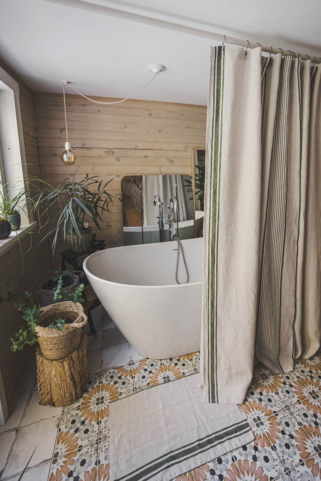 French style linen shower curtain with green stripes