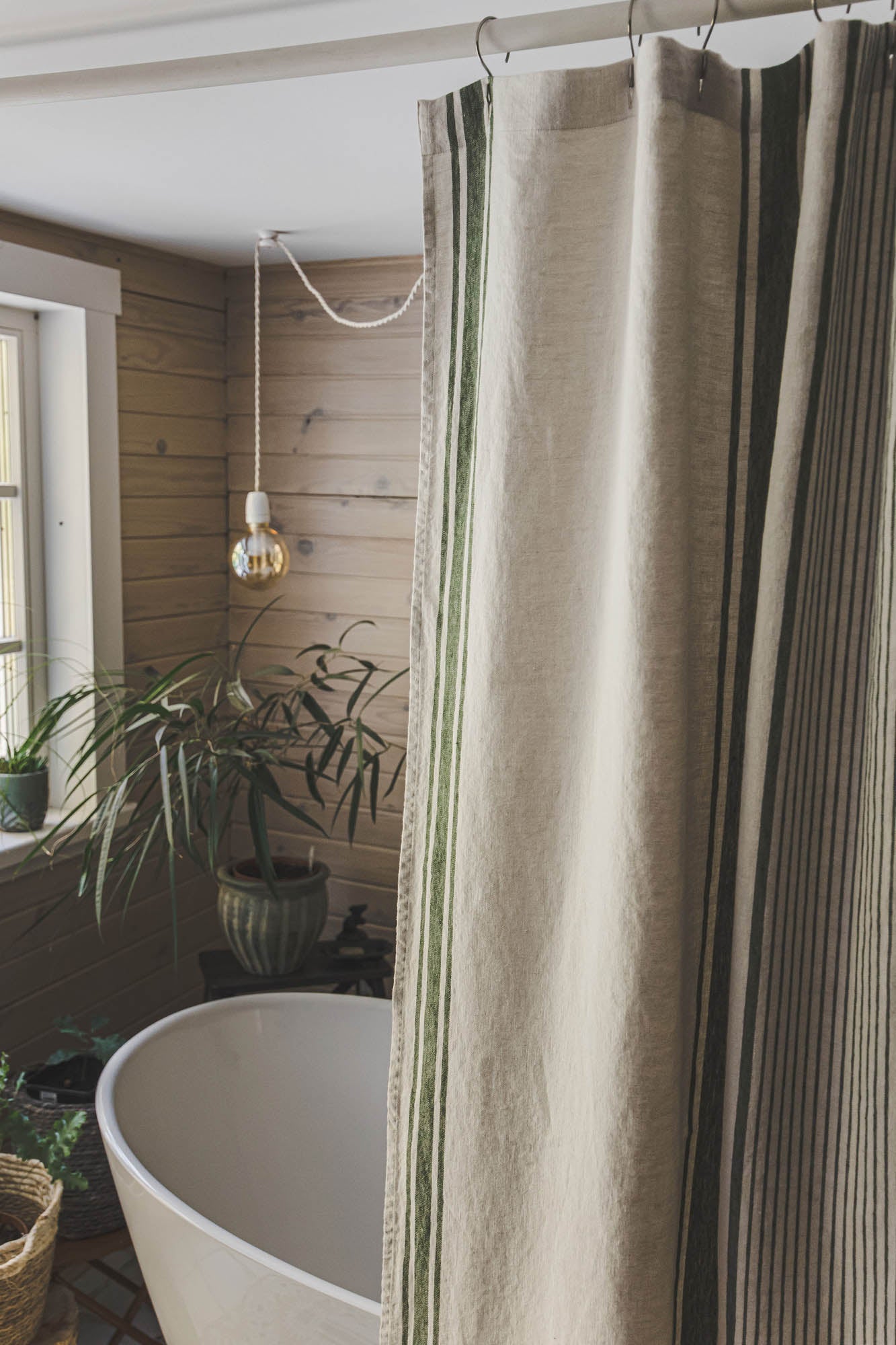 French style linen shower curtain with green stripes