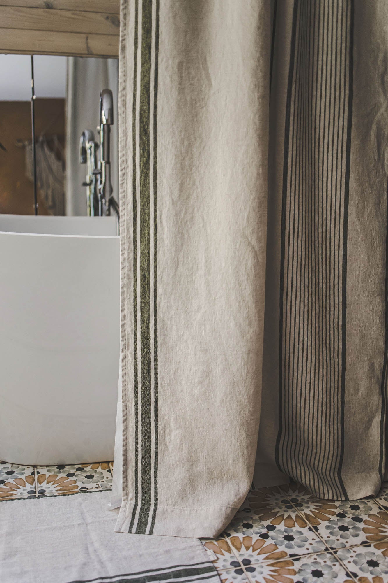 French style linen shower curtain with green stripes