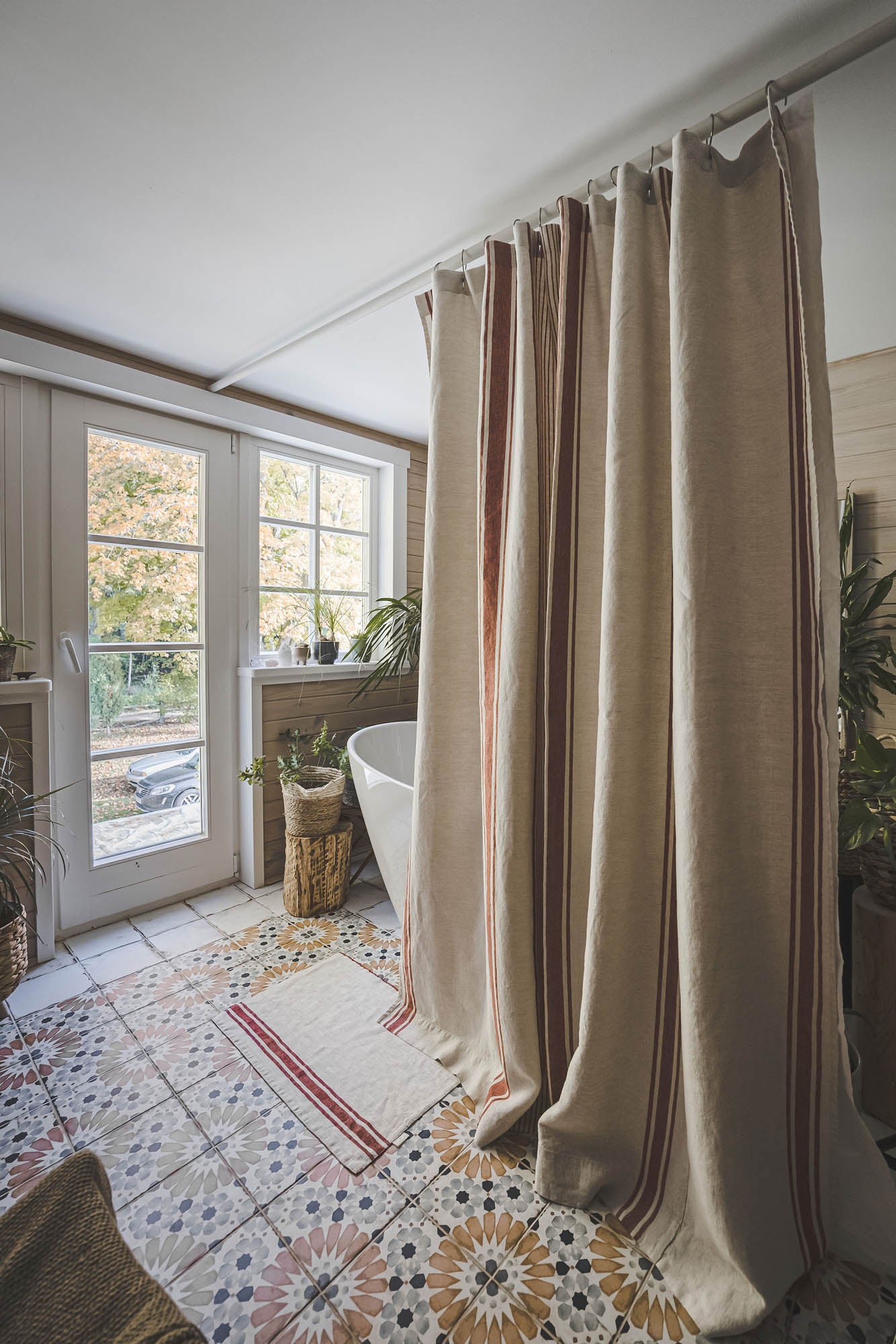French style linen shower curtain with cherry red stripes